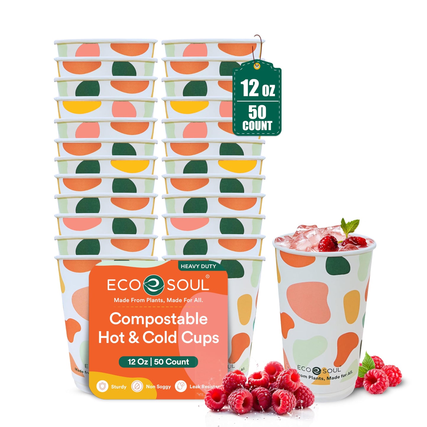 ECO SOUL 12 oz 50 Disposable Paper Cups,Hot/Cold Beverage Paper Drinking Cups, Leakproof Printed Cups for Cafe, Office, Party