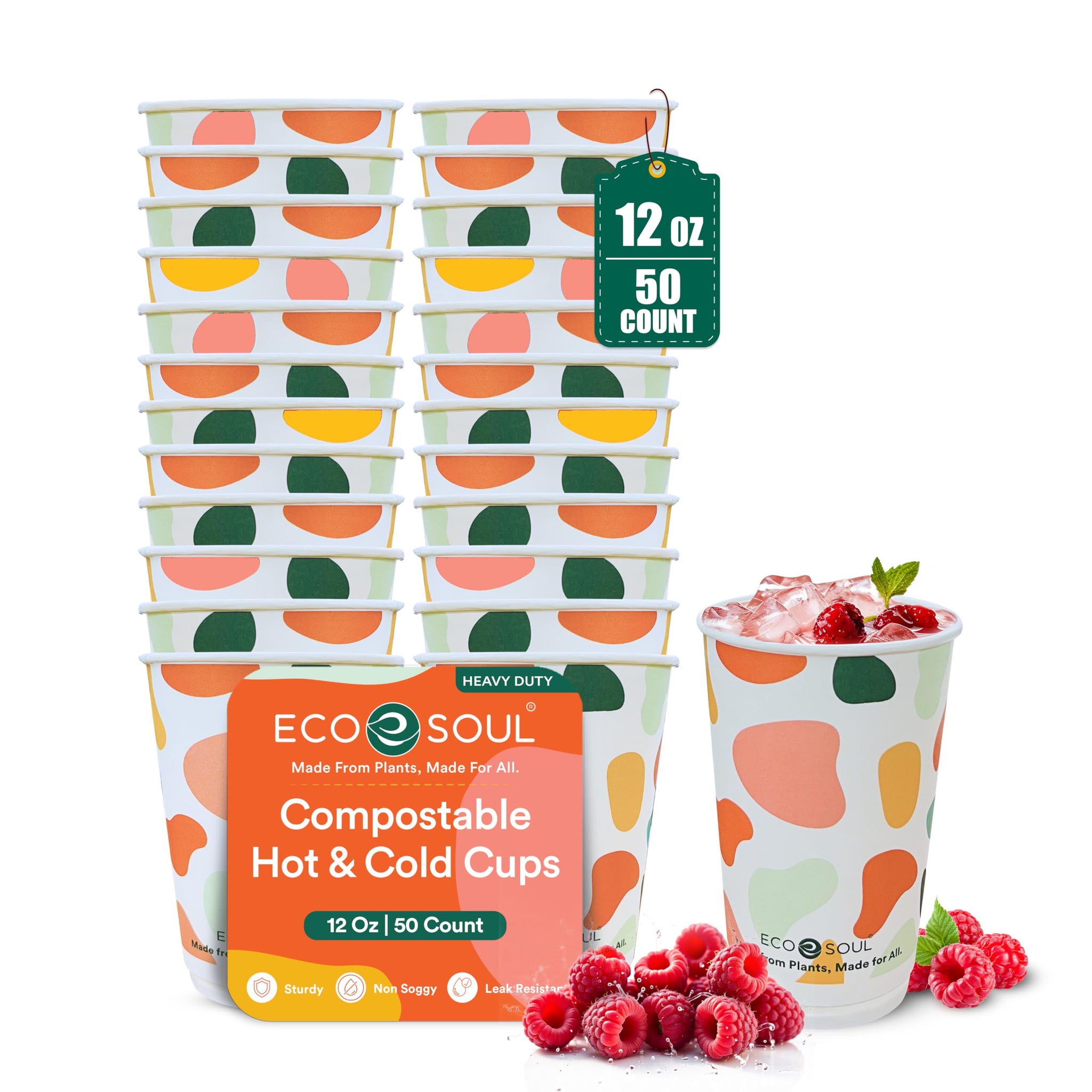 ECO SOUL 12 oz 50 Disposable Paper Cups,Hot/Cold Beverage Paper Drinking Cups, Leakproof Printed Cups for Cafe, Office, Party
