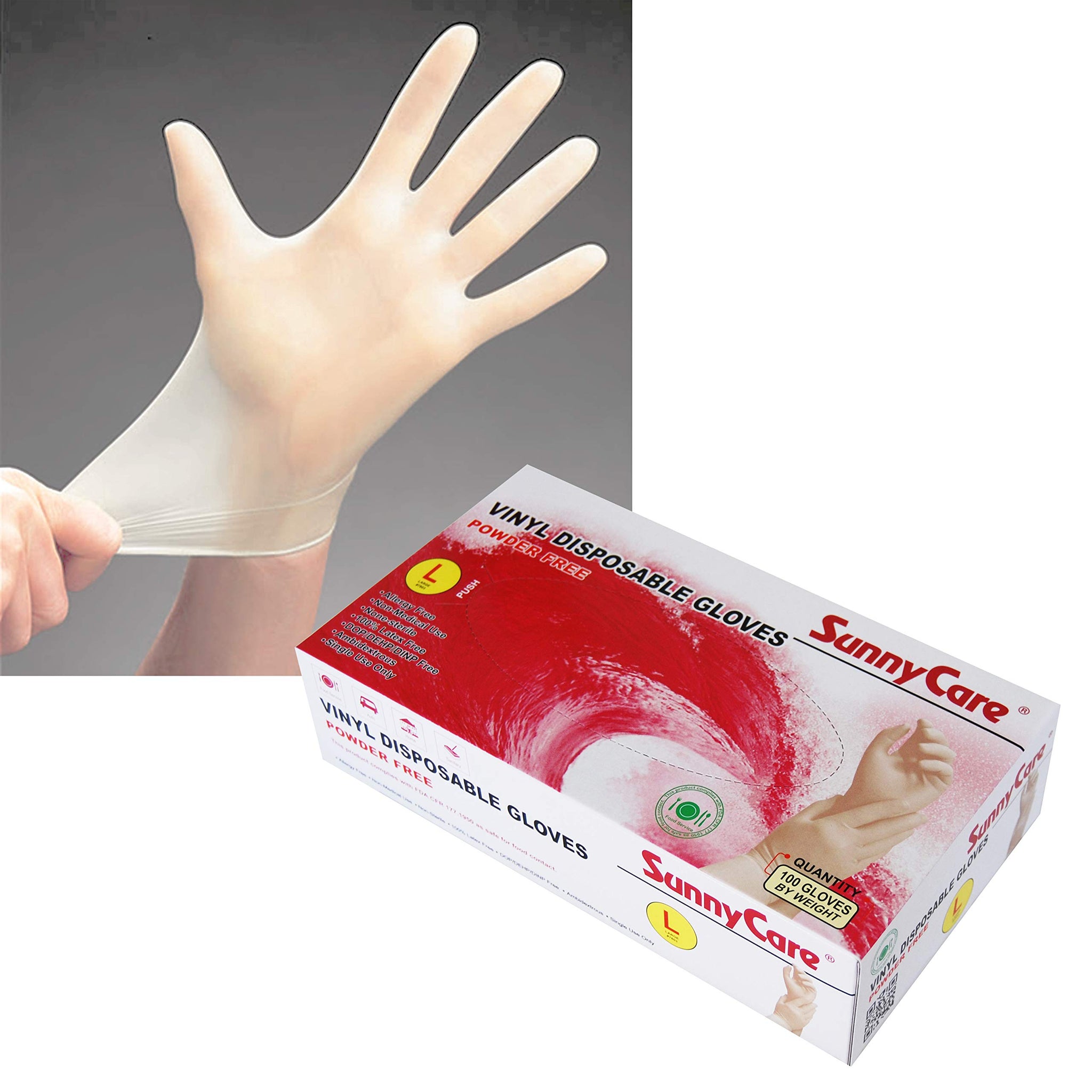 SunnyCare 100 7803 Vinyl Disposable Gloves Powder Free (Latex Nitrile Free) -L