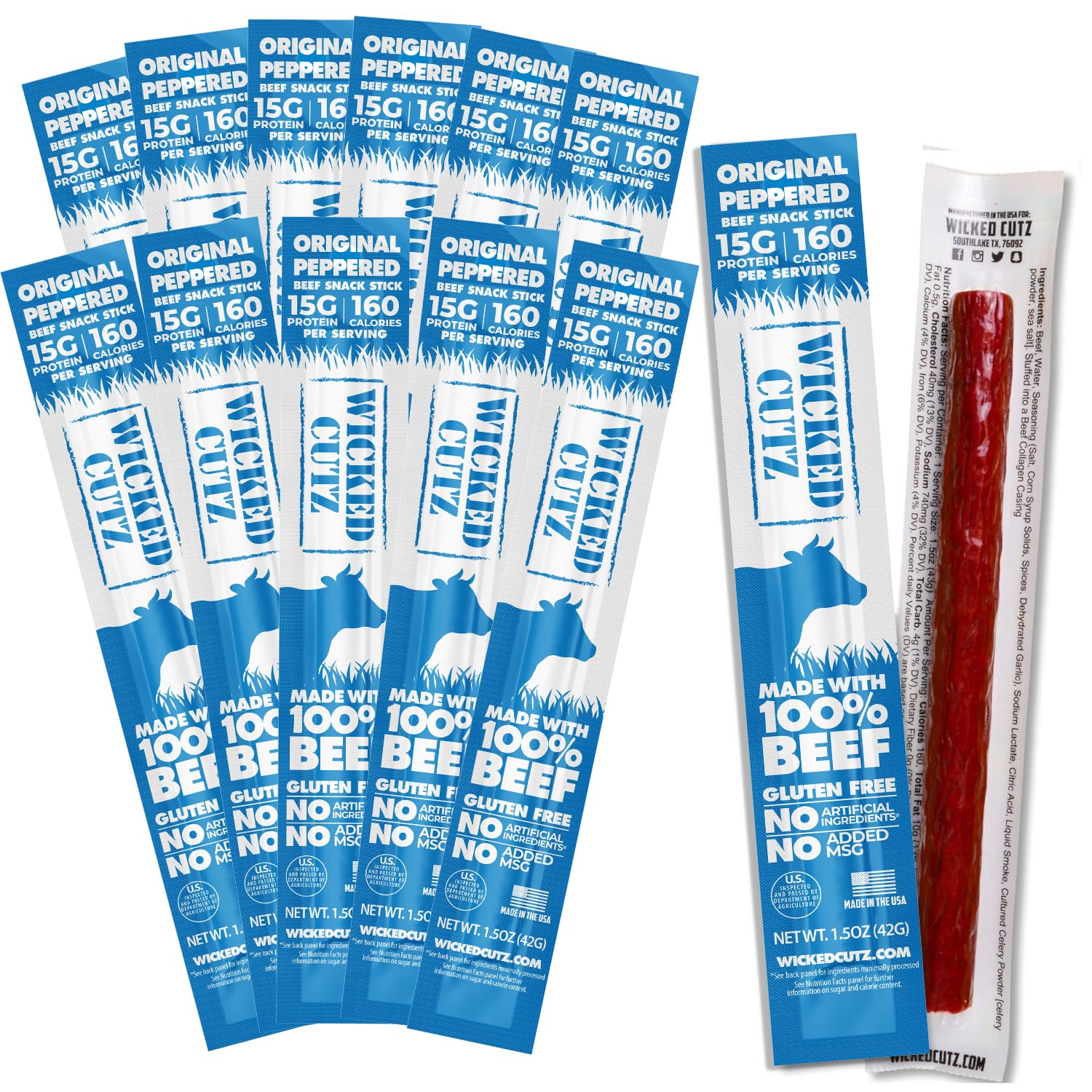Original Peppered Beef Sticks, 15g Protein Per Beef Stick, Tender & Juicy Extra Large Meat Stick, USA Made High Protein Meat Sticks, Carnivore Snacks