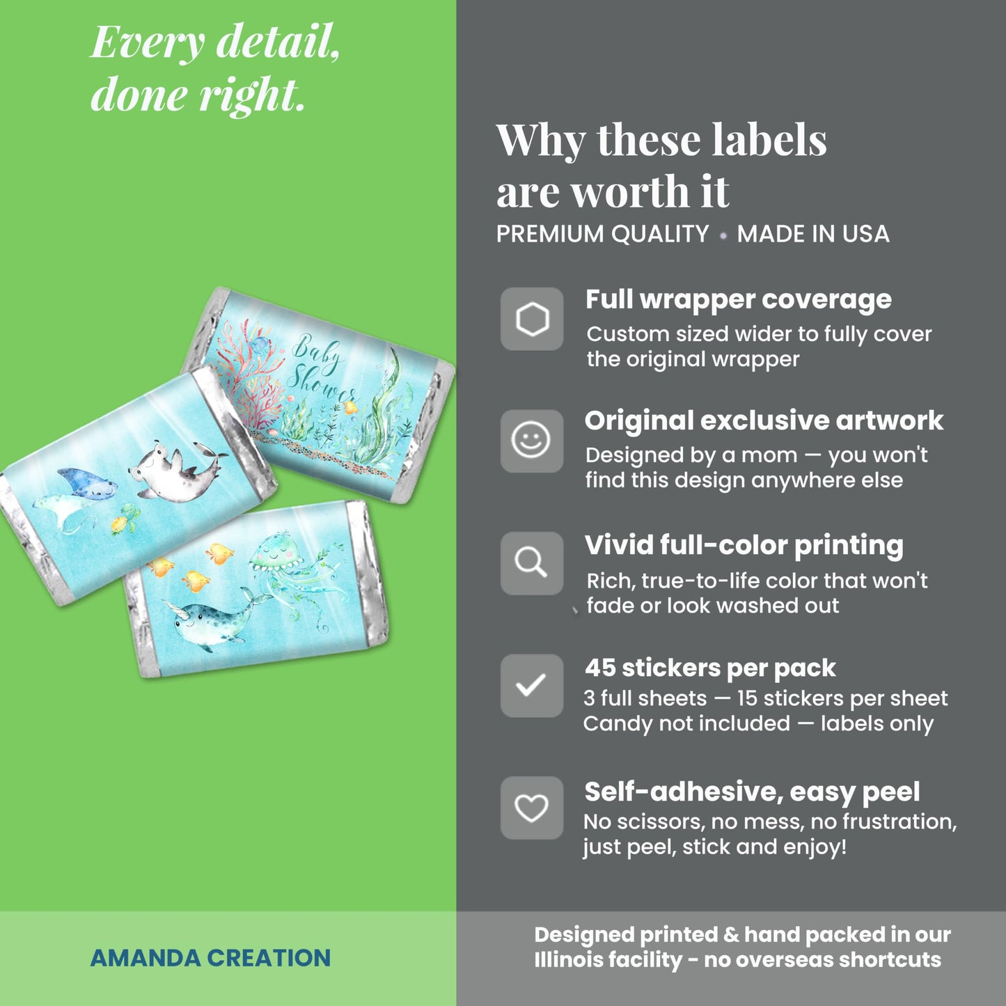 Amanda Creation Underwater Cute Sea Life Baby Sprinkle Baby Shower Mini Chocolate Candy Bar Sticker Wrappers, 45 1.4" x 2.6" Wrap Around Labels, Great
