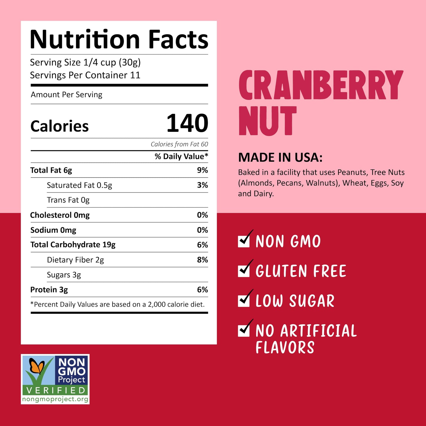 Kellys Four Plus Granola Cereal | Cranberry Nut Healthy Granola for Yogurt | Hand Made Snacks for Breakfast - 12 oz (Pack of 4)