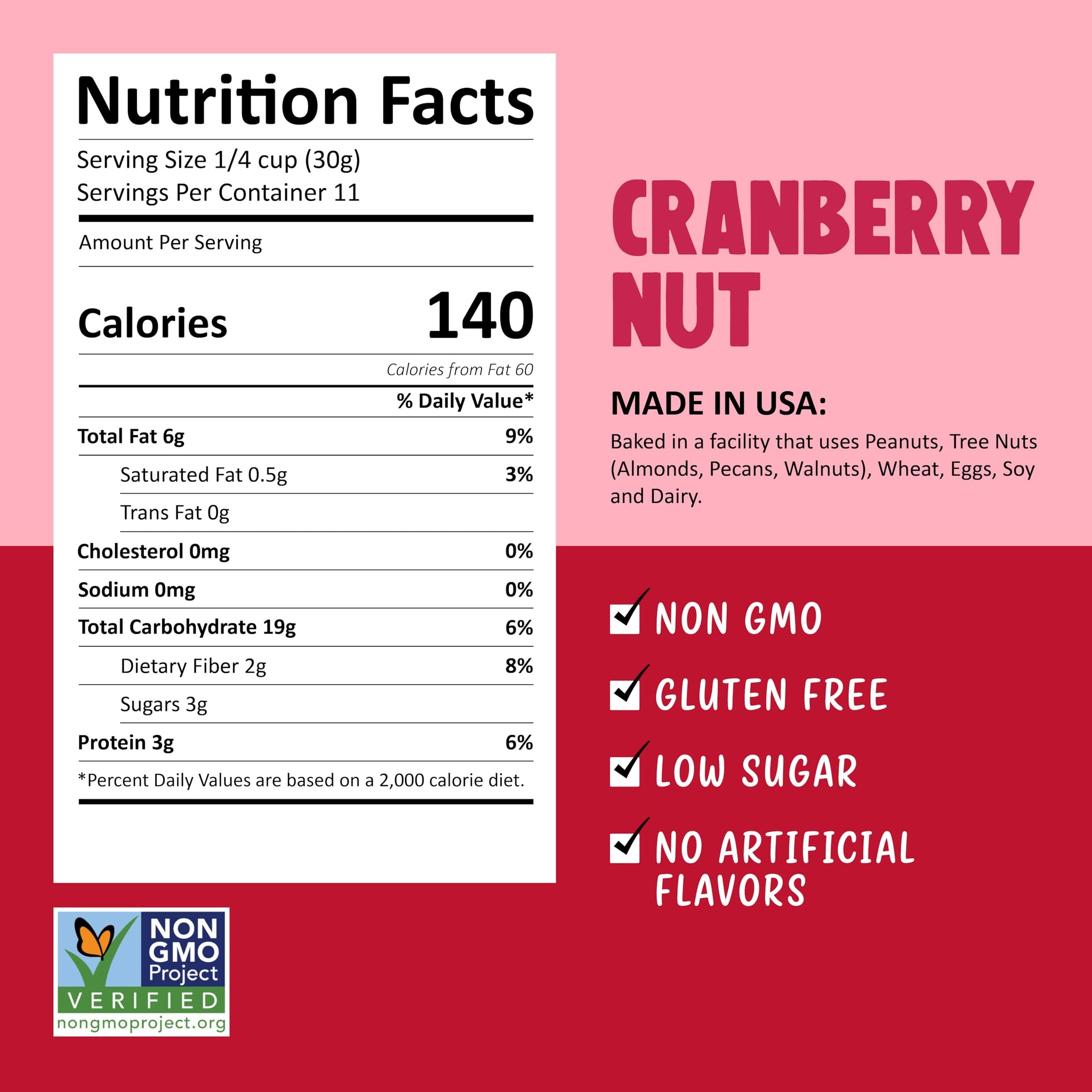 Kellys Four Plus Granola Cereal | Cranberry Nut Healthy Granola for Yogurt | Hand Made Snacks for Breakfast - 12 oz (Pack of 4)