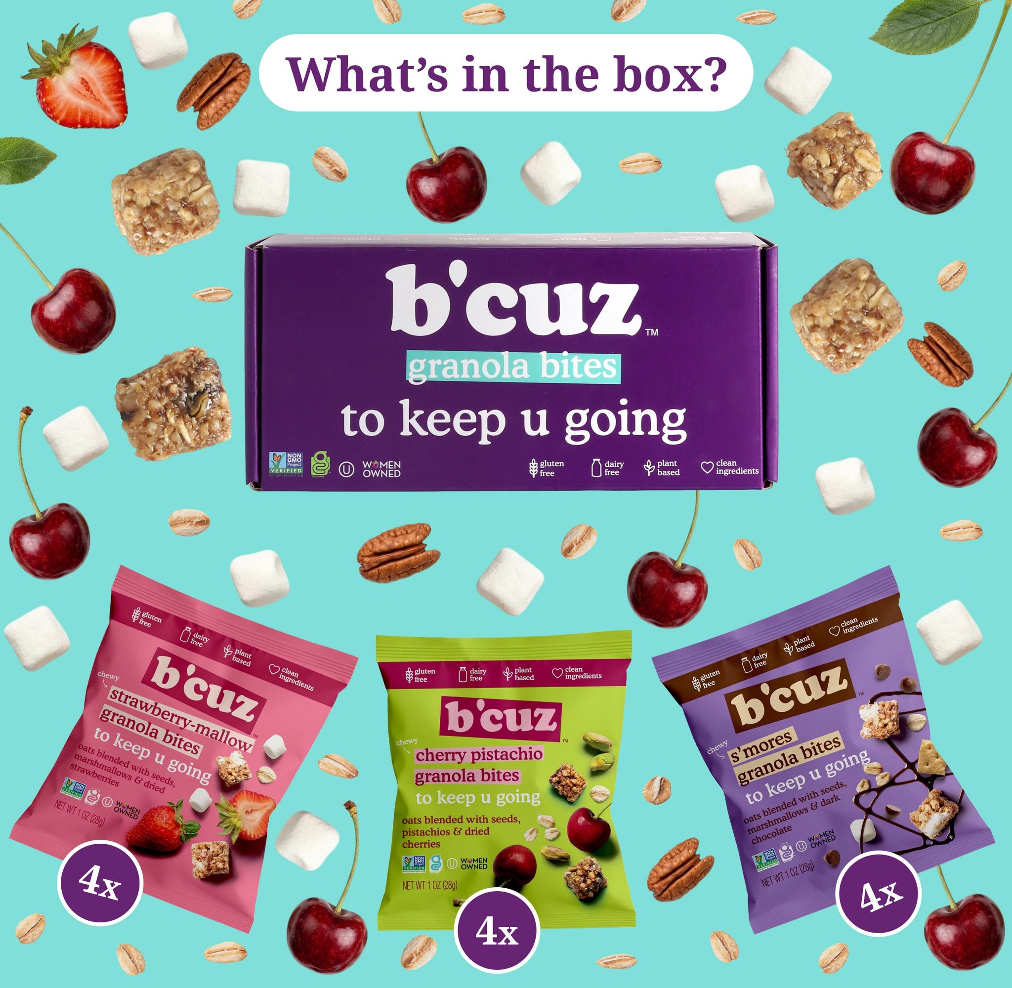 B'cuz Granola Bites Variety Pack, Cherry Pistachio, Strawberry Mallow & S’mores, Gluten Free, Dairy Free, Vegan, Kosher Snacks, On-the-Go Breakfast