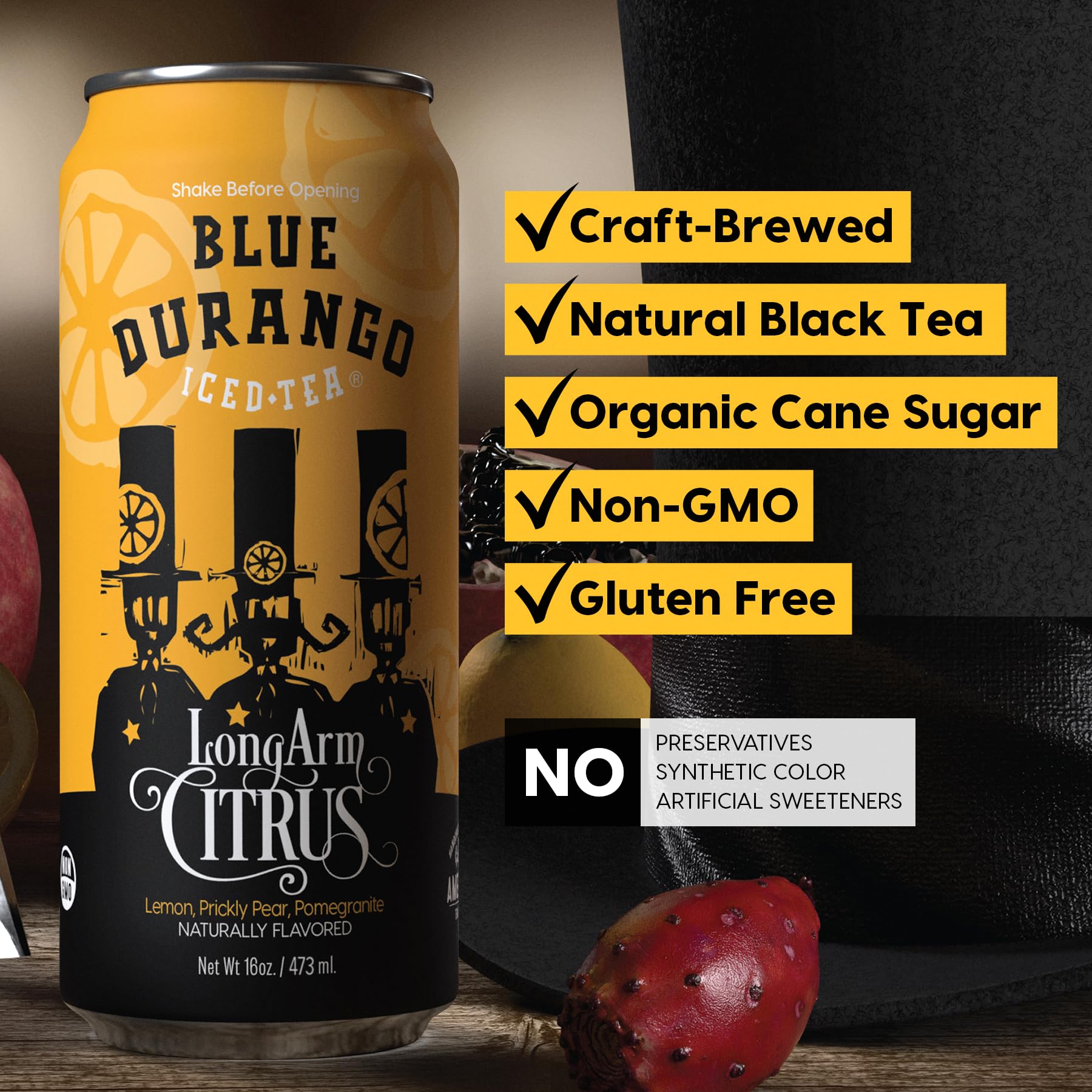 Blue Durango Iced Tea - Long Arm Citrus - Black Tea, Lemon, Prickly Pear, Pomegranate - Low Sugar, Non-GMO, No Artificial Sweeteners, Gluten-Free