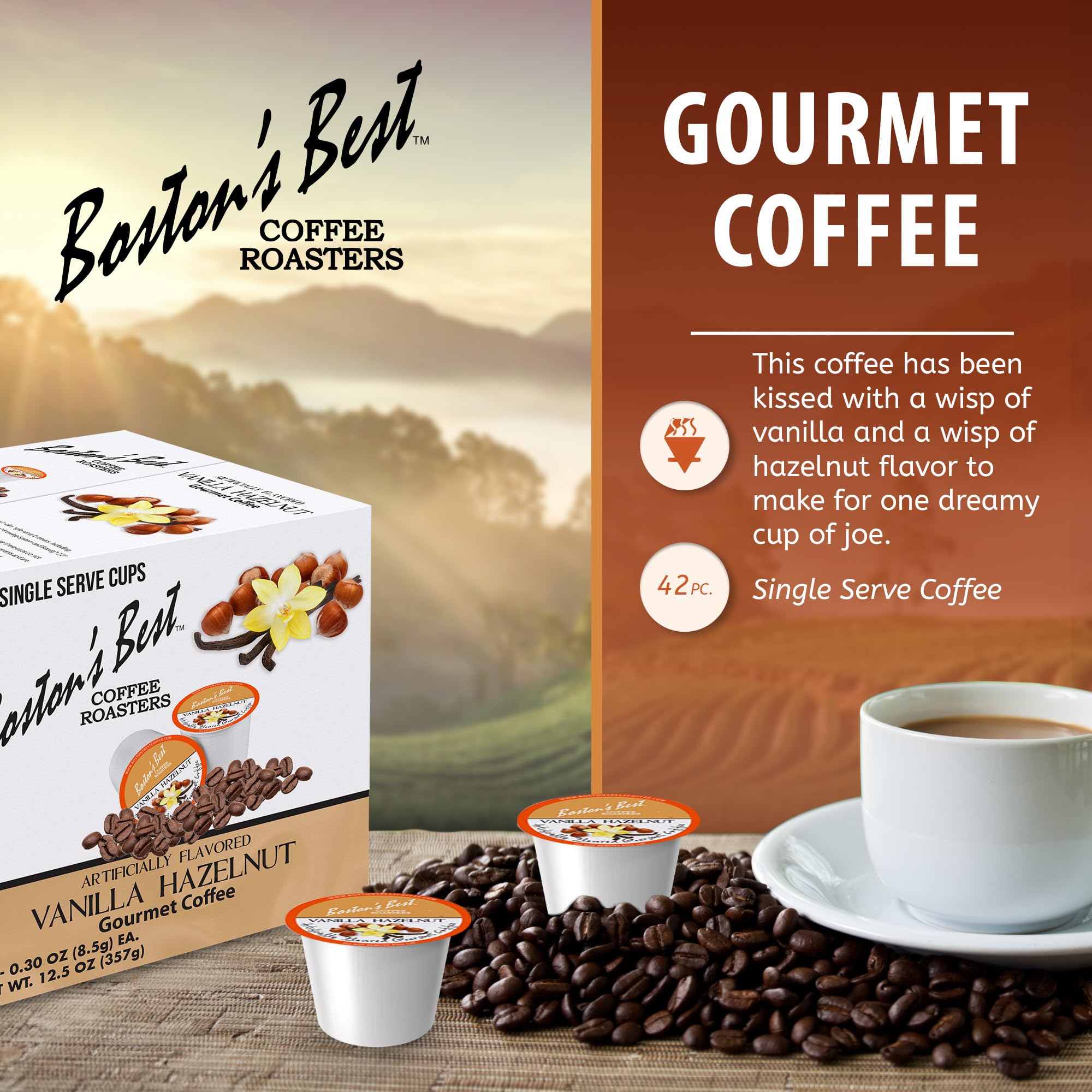 Boston’s Best - Vanilla Hazelnut Delicious Medium Roast Coffee, Flavored Gourmet Compatible with Keurig Coffee Maker, 1 Count (42 Single Serve Cups)