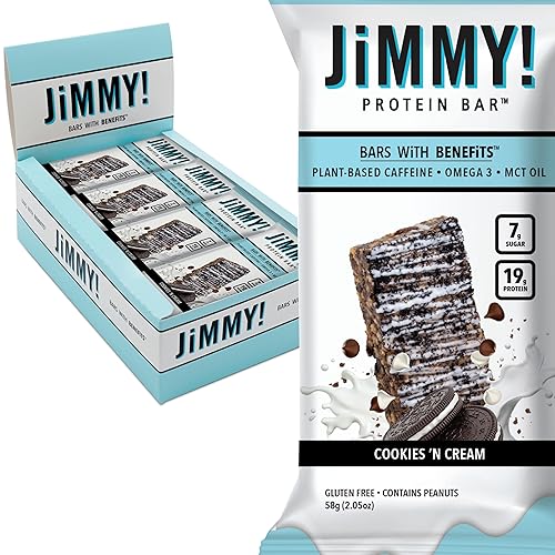 JiMMYBAR! - Cookies N Cream Protein Bars 19g Protein Bar - 7g Low Sugar - 12 Count - 58g Health Bars - Functional Snack with Real Food Ingredients