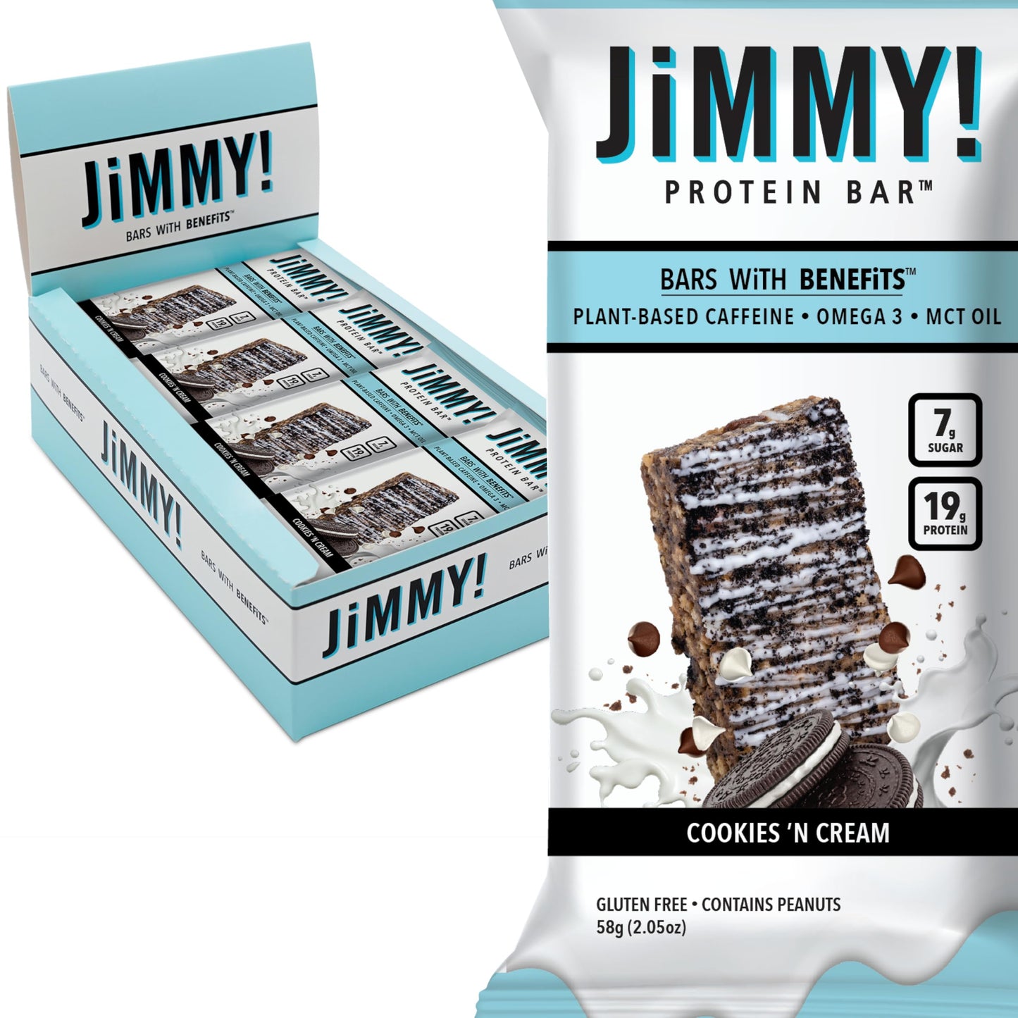 JiMMYBAR! - Cookies N Cream Protein Bars 19g Protein Bar - 7g Low Sugar - 12 Count - 58g Health Bars - Functional Snack with Real Food Ingredients