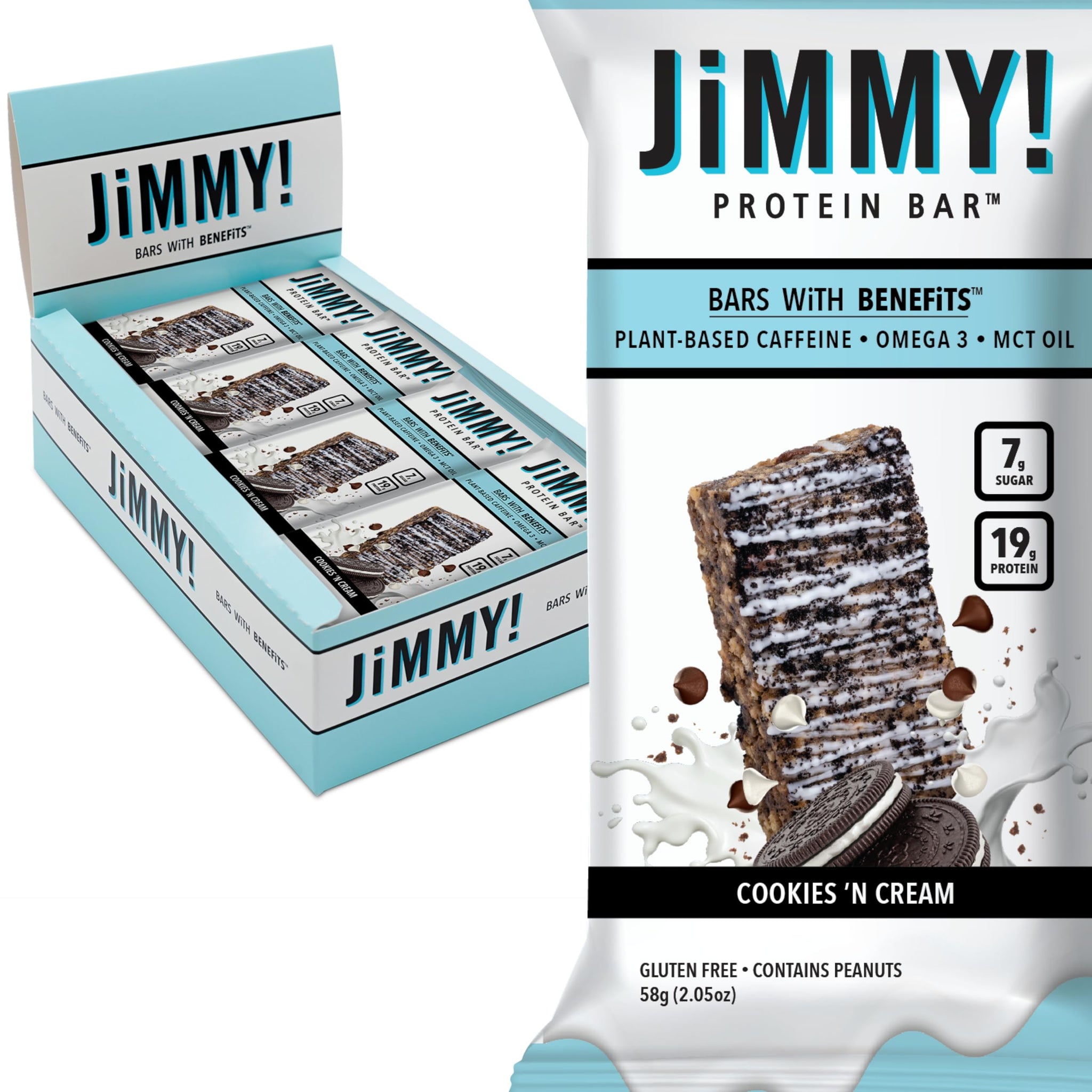 JiMMYBAR! - Cookies N Cream Protein Bars 19g Protein Bar - 7g Low Sugar - 12 Count - 58g Health Bars - Functional Snack with Real Food Ingredients