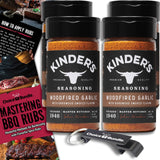 Kinder's Woodfired Garlic Seasoning with Hardwood Smoked Flavors 4 PK Premium BBQ Barbecue Rub Choice Bundle (24 oz) + BBQ Guide & Bottle Opener (6