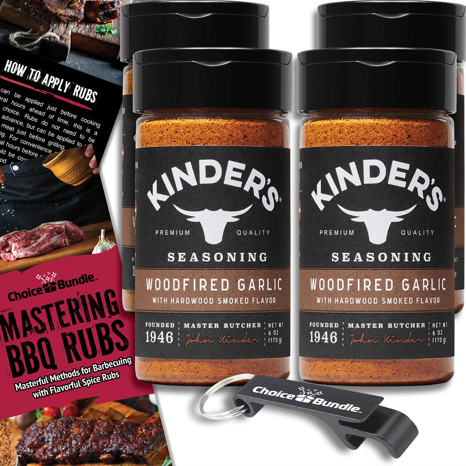 Kinder's Woodfired Garlic Seasoning with Hardwood Smoked Flavors 4 PK Premium BBQ Barbecue Rub Choice Bundle (24 oz) + BBQ Guide & Bottle Opener (6