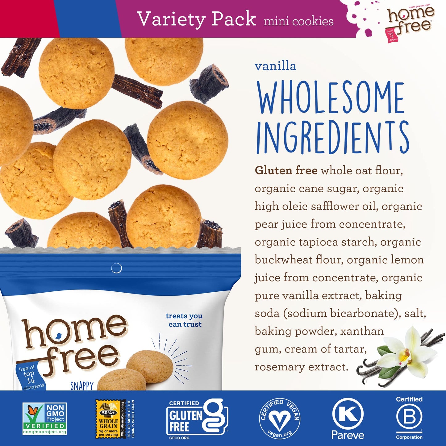Homefree Treats You Can Trust Gluten Free Mini Cookies, Single Serve, Variety Pack (Pack of 30)