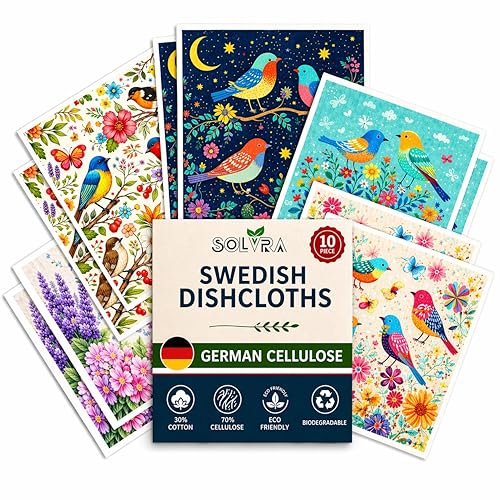 10 PCS Birds Print Swedish Dishcloths for Kitchen 100% Biodegradable, Reusable Cellulose Sponge Cloths Ultra Absorbent, Eco Friendly Cleaning Towels