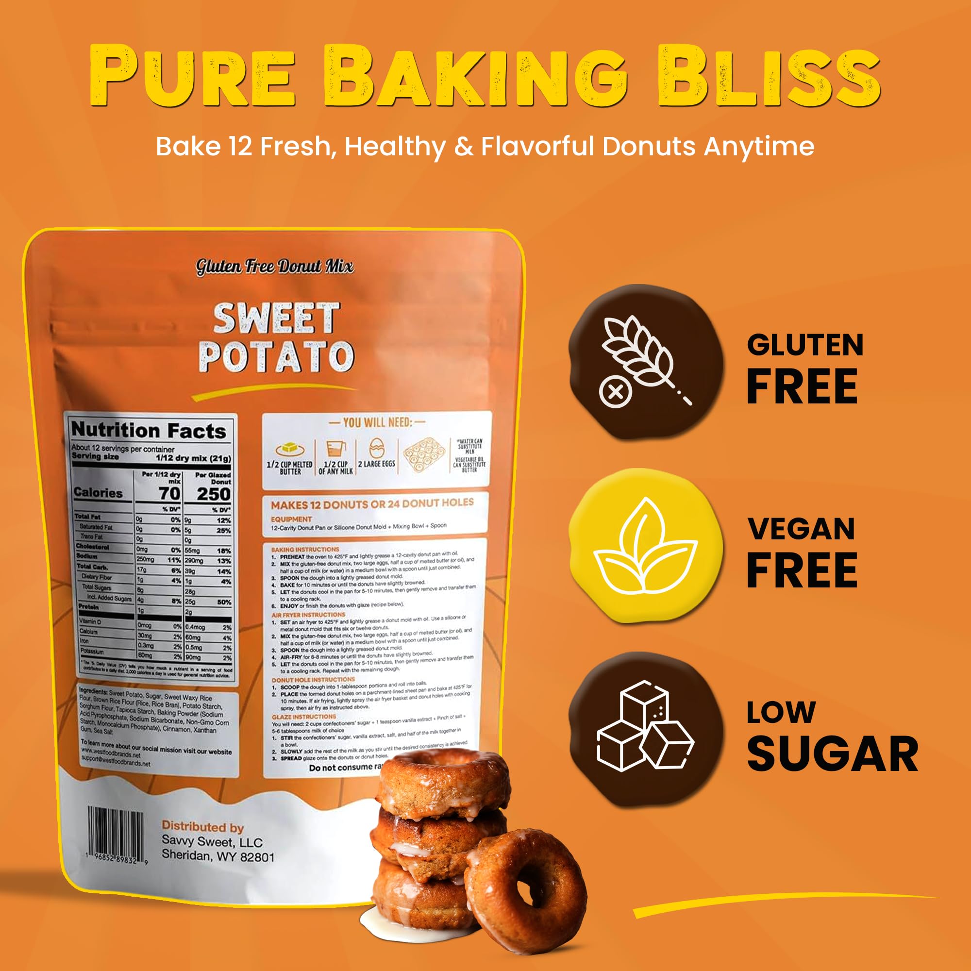 West Food Brands Gluten Free Sweet Potato Donut Mix - Soy Free & Kosher, No Artificial Sweeteners, Allergen Free - Sweet Potatoes Vegan Doughnut Mix with Essential Nutrients (1 Pack, 12 Donuts)
