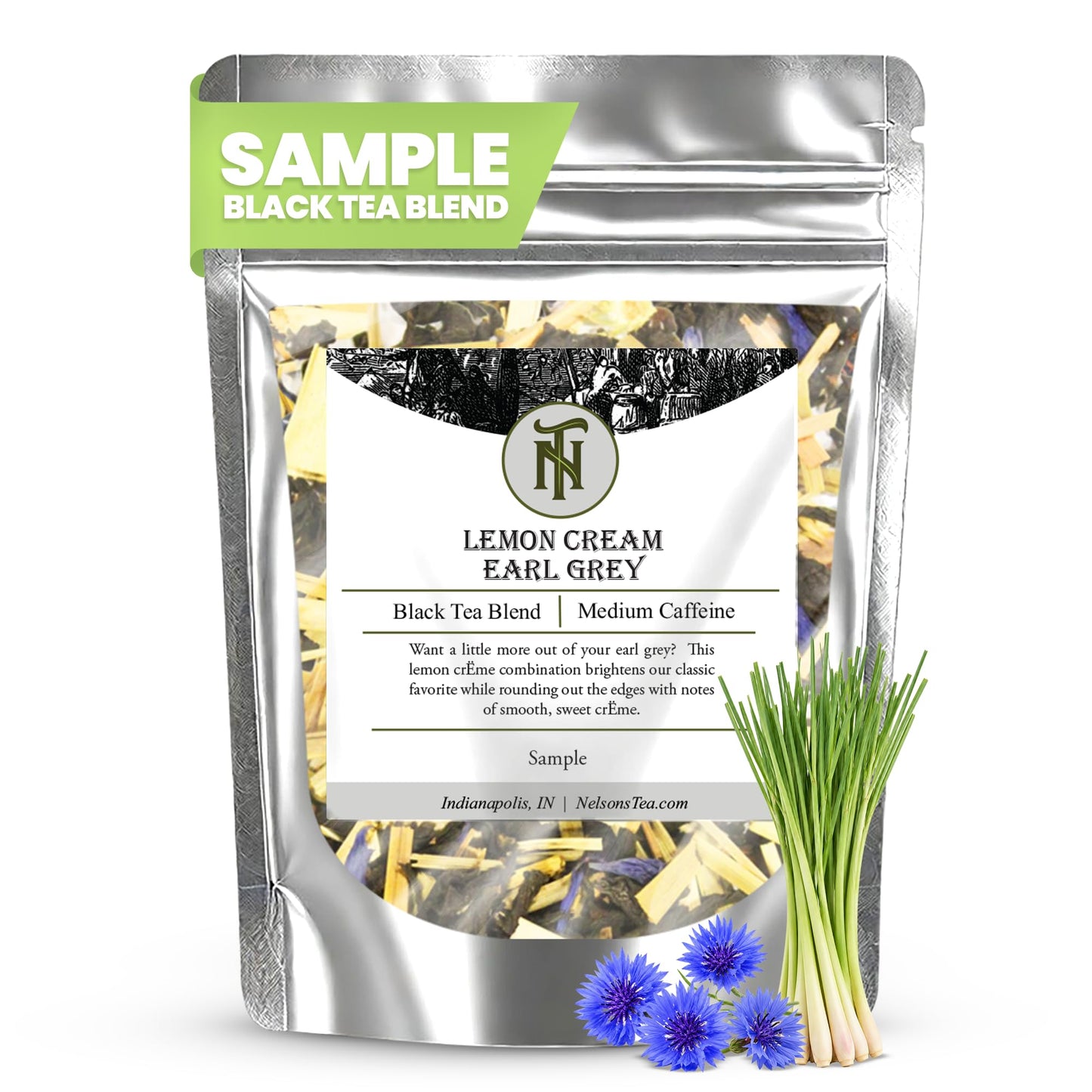Nelson's Tea Lemon Cream Earl Grey Black Loose Leaf Tea w/Lemongrass, Cornflower & Natural Flavoring - 0.4oz Black Blend - Zesty & Creamy, Refreshing