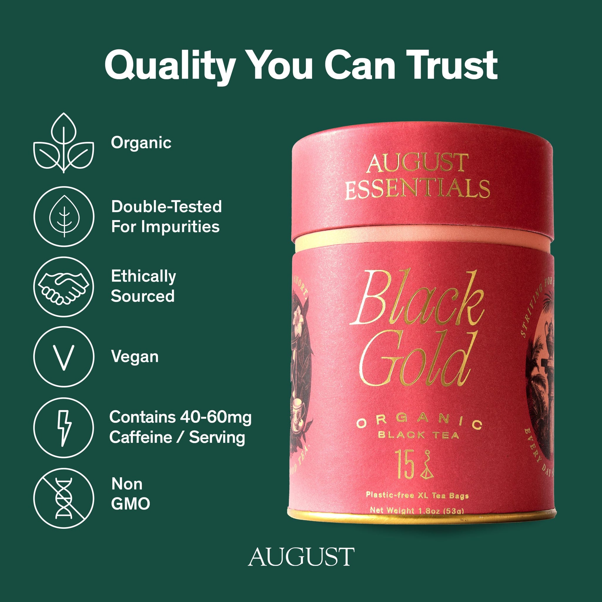 August Essentials Black Gold Tea - Handcrafted Organic Black Tea for Daily Enjoyment - Ideal Morning Drink with Malty, Golden Flavor & Caramel Notes