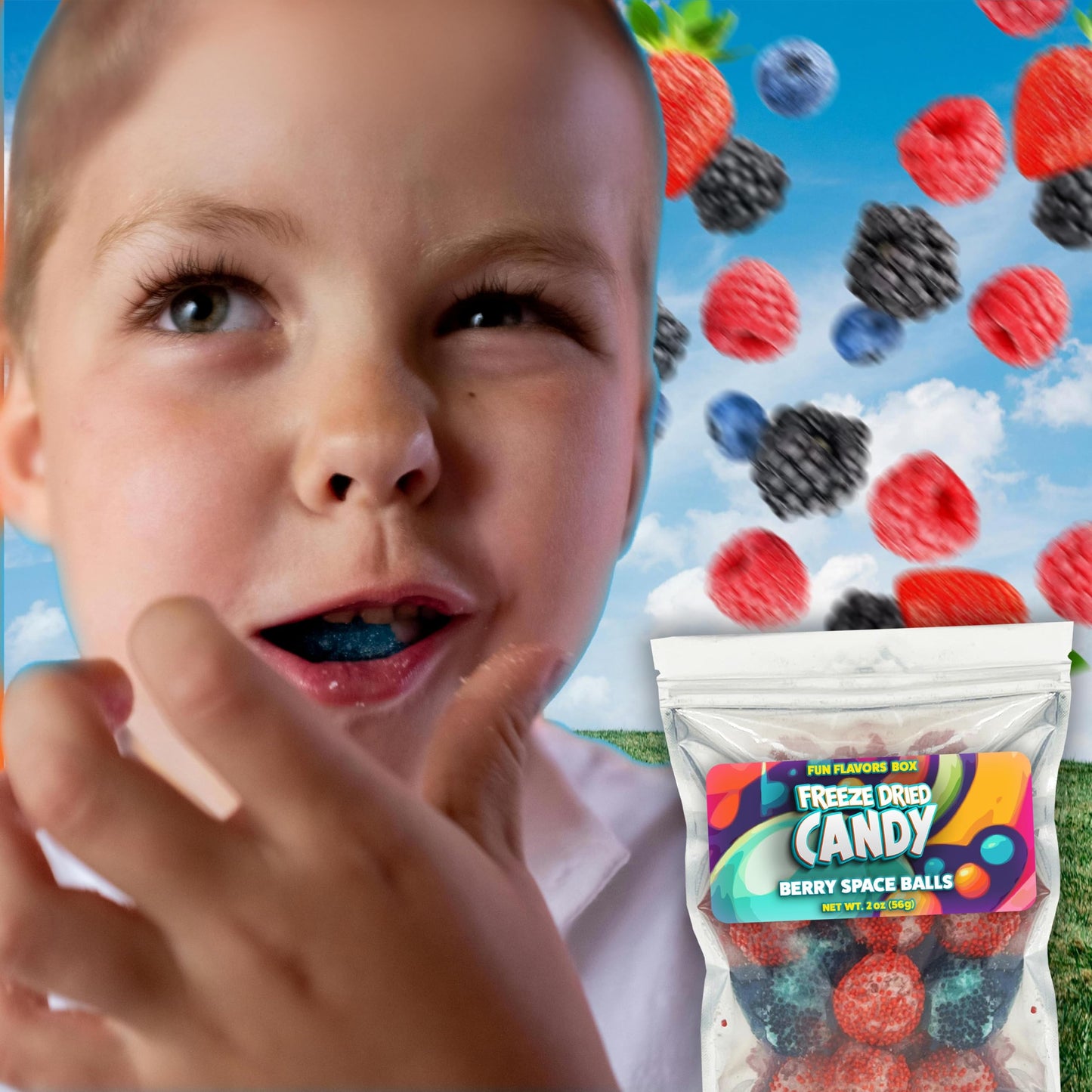 Fun Flavors Box Freeze Dried Candy Berry Space Balls, Black and Red Berry Gummies Unique Exotic Crunch Snack Treats, 2oz