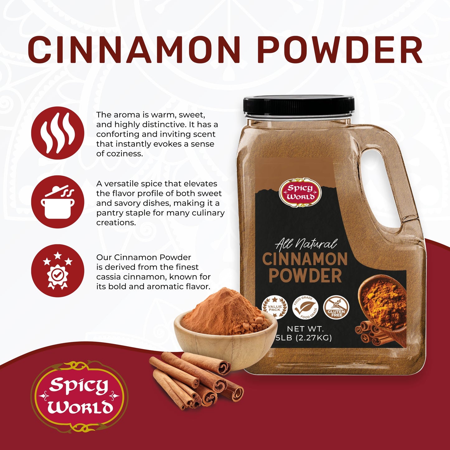 Spicy World Cinnamon Powder 5 LB Jar - Lab Tested for Lead - Ground Cassia Cinnamon Bulk, Great Authentic Spice for Coffee, Tea, Baking & Oatmeal
