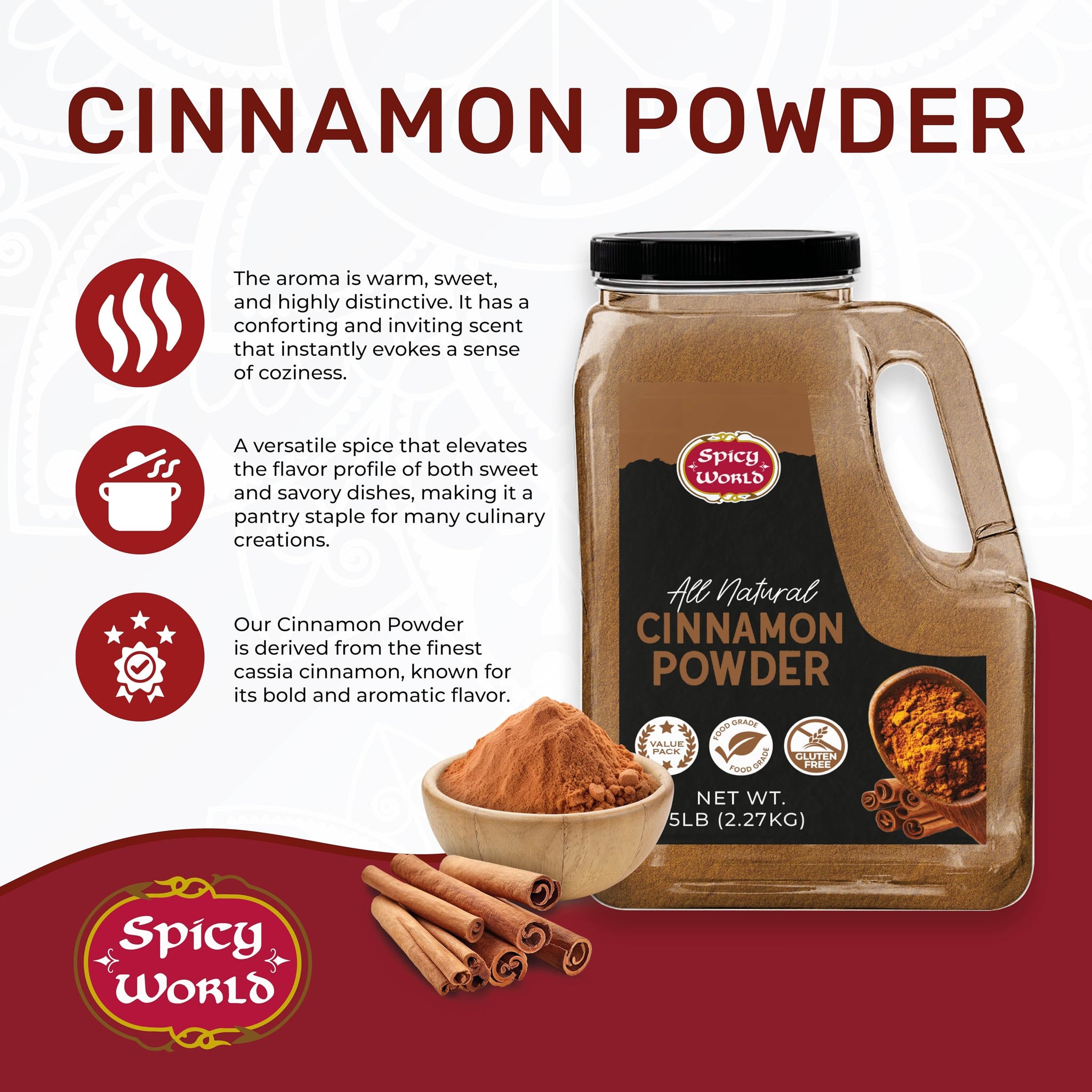 Spicy World Cinnamon Powder 5 LB Jar - Lab Tested for Lead - Ground Cassia Cinnamon Bulk, Great Authentic Spice for Coffee, Tea, Baking & Oatmeal