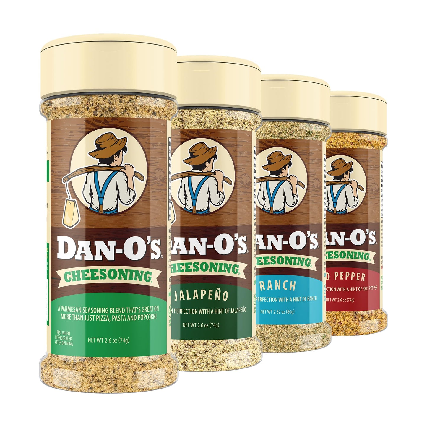 Dan-O's Cheesoning Block Seasoning Set, Small Bottles, 4 Pack, Includes Ranch Cheesoning, Red Pepper Cheesoning, Cheesoning, and Jalapeño Cheesoning
