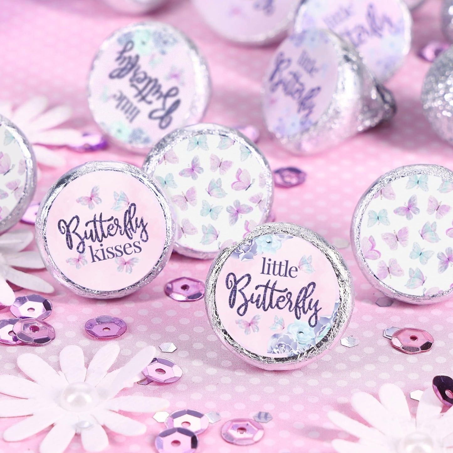 Butterfly Baby Shower Kisses Stickers - Candy Party Favor Labels, 180 Count