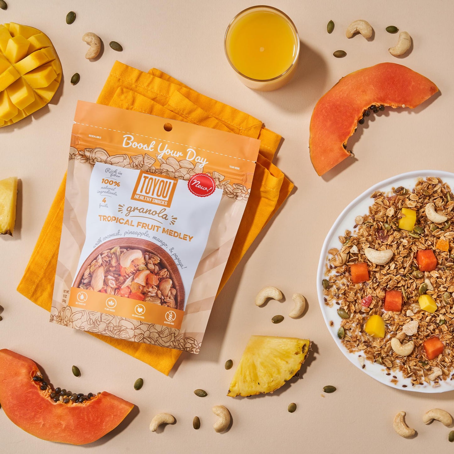 ToYou Snacks Gluten Free Granola, Fruit and Granola Cereal | Tropical Fruit Medley - 12 Ounce (Pack of 1) | Plant Based, Vegan, Healthy Snacks