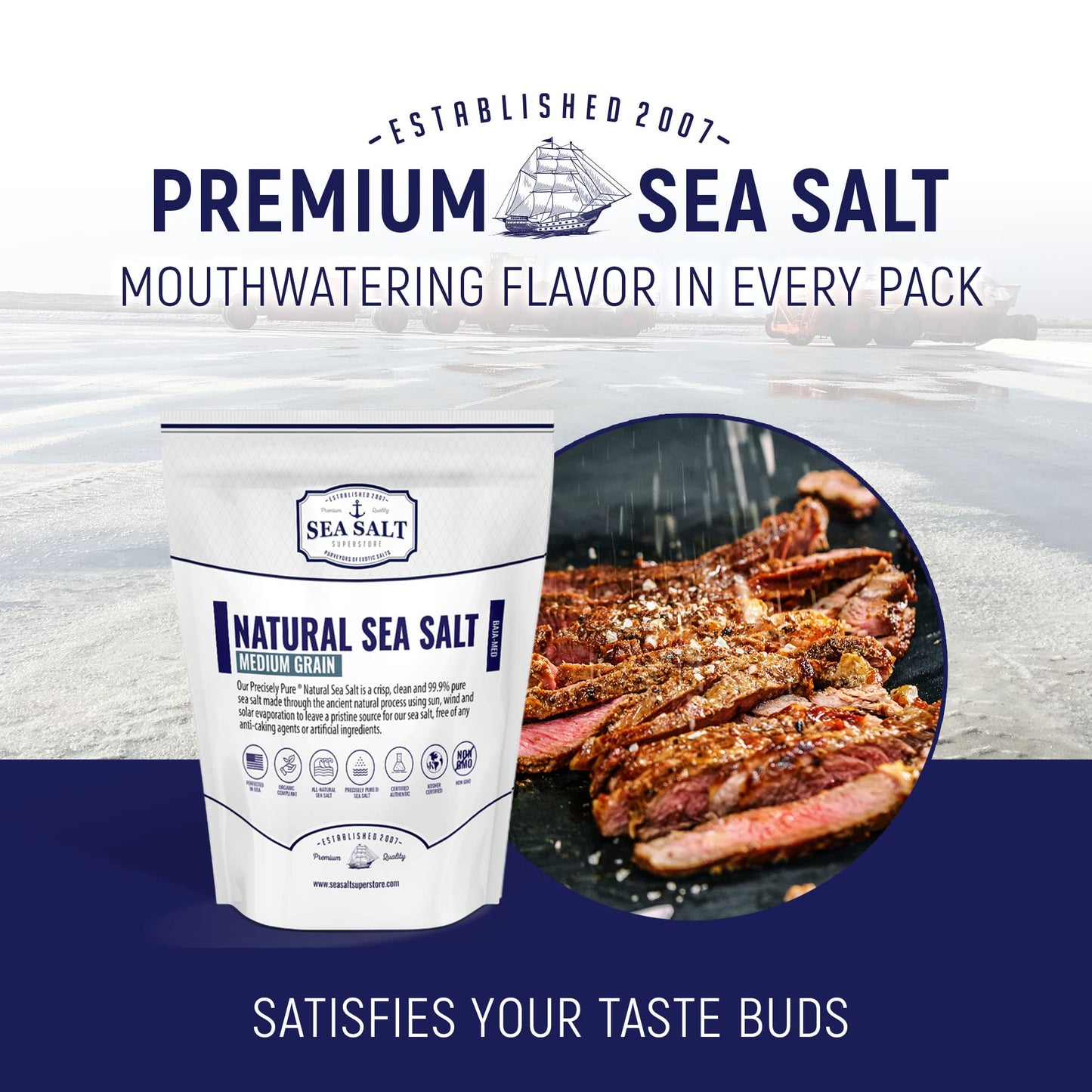 Natural Sea Salt Medium Grain, Gluten-Free Bulk Sea Salt for Commercial Use, No Artificial Additives, 40 LBS Bag in a Box