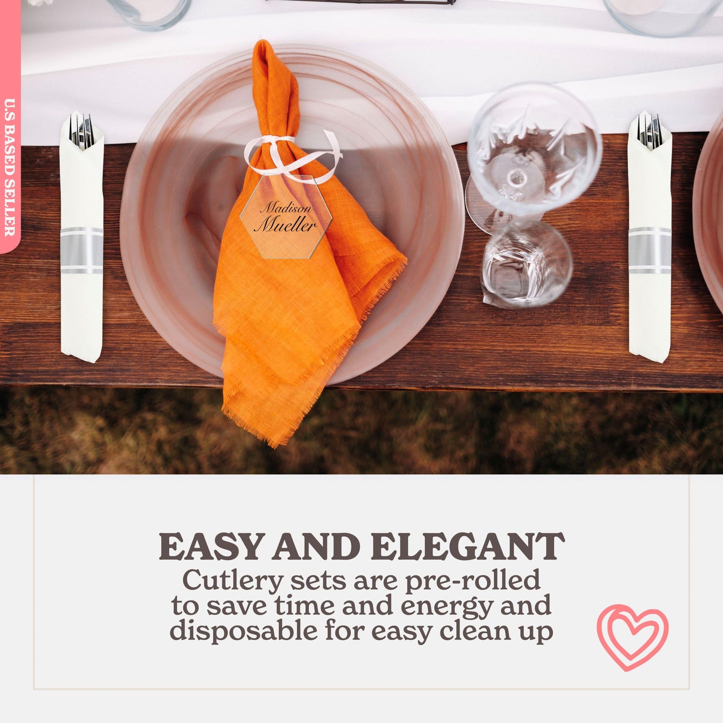 Spec101 Silver Plastic Silverware Sets for Parties Set of 300 - Pre Rolled Disposable Cutlery Individually Wrapped Plastic Utensils Set with Napkins
