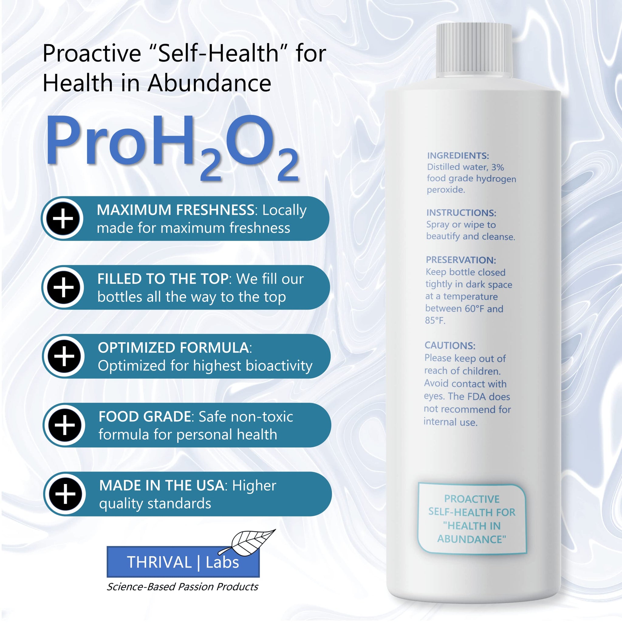Thrival Labs ProH2O2 3% Food Grade Hydrogen Peroxide - Natural Cleaner & Disinfectant - Suitable for Household Use - Ideal for Cleaning, Sanitizing