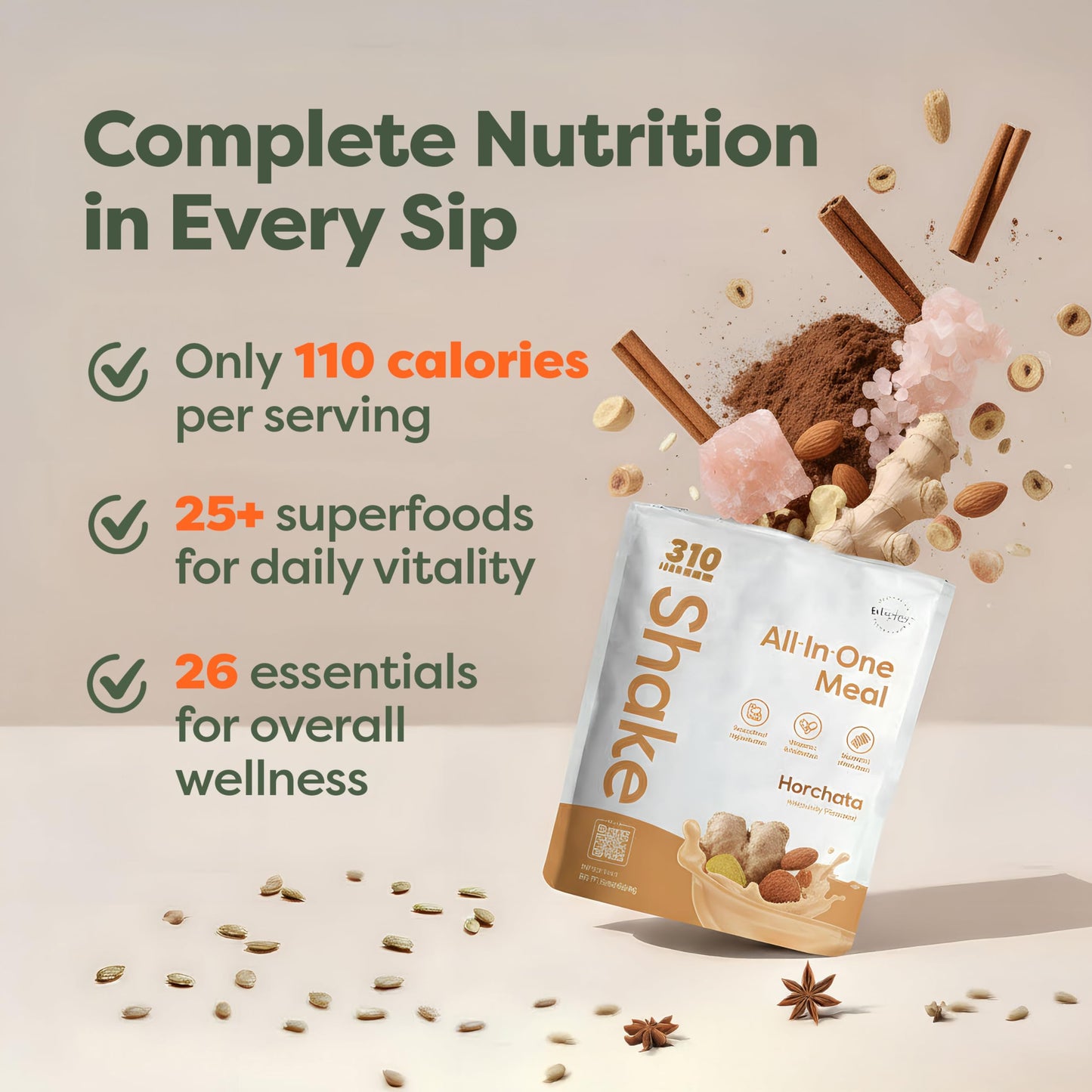 310 Nutrition All-In-One Meal Replacement Shake - Plant-Based Protein Powder with High Fiber, Probiotics, Digestive Enzymes & Adaptogens - Low Carb