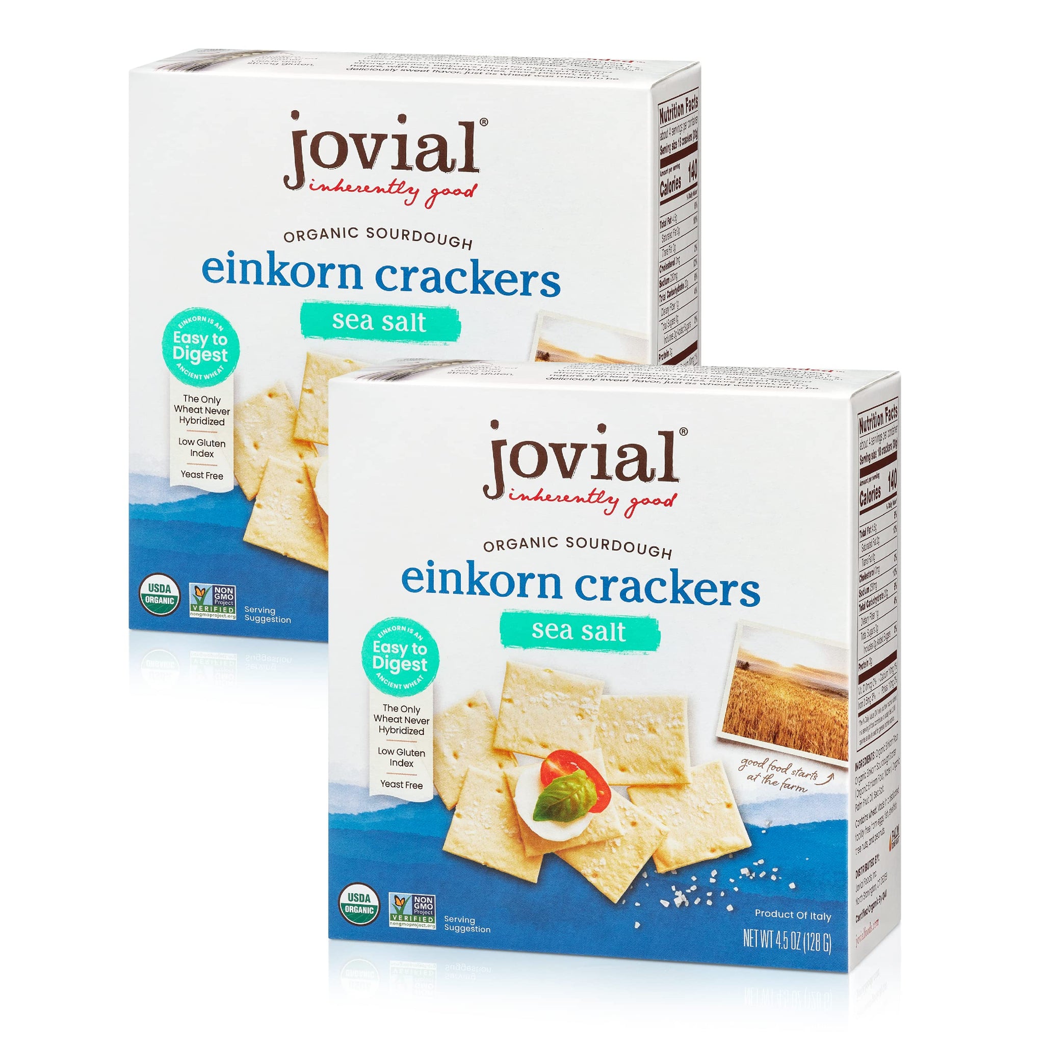 Jovial Organic Sourdough Einkorn Sea Salt Crackers - Sourdough Crackers for Cheese Platter, Made with Einkorn, USDA Organic, Non-GMO - 4.5 Oz, 2 Pack