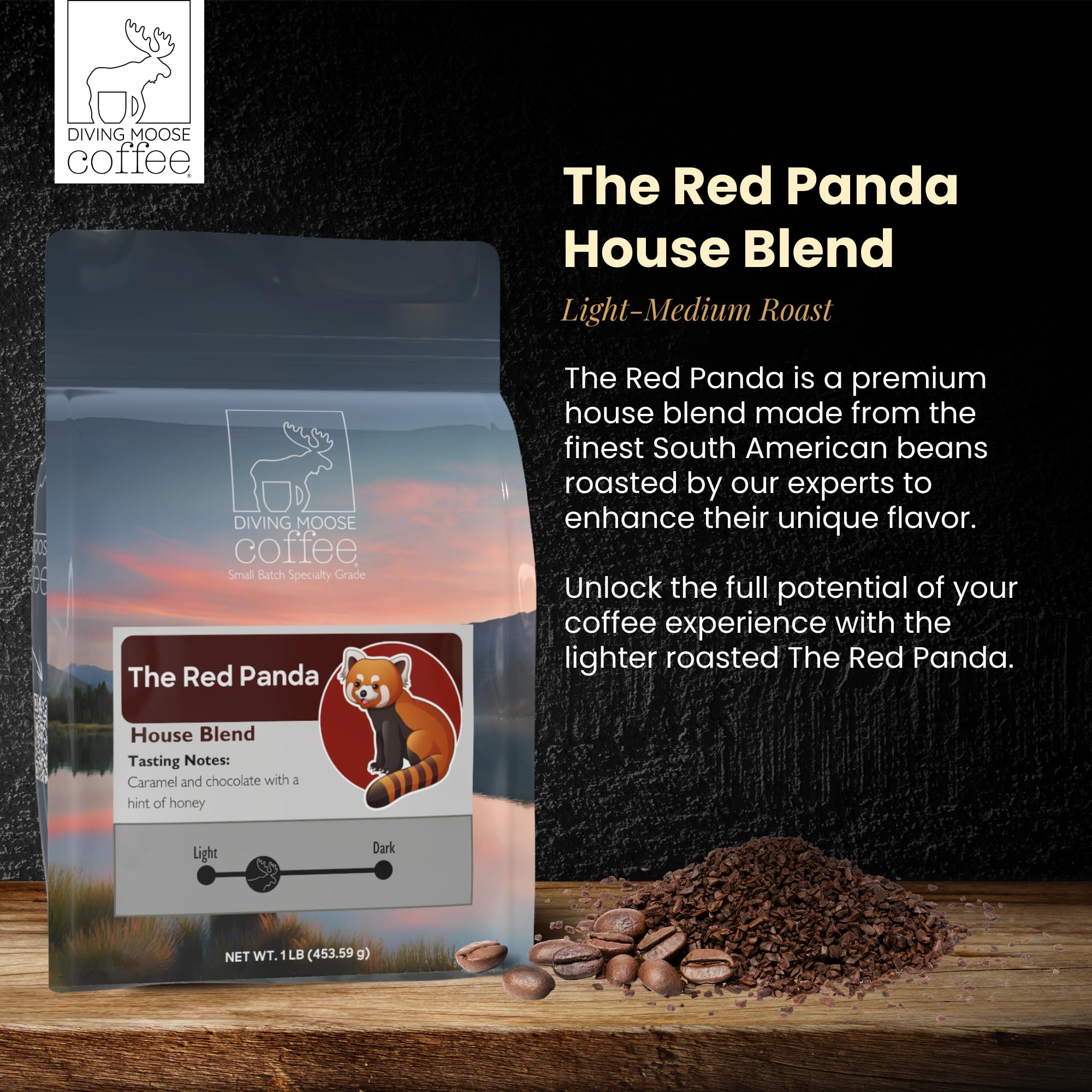 Diving Moose Coffee - The Red Panda House Blend Medium Light Roast (16oz / 1 LB) - Chocolate Caramel Honey Specialty Grade Small-Batch Roasted