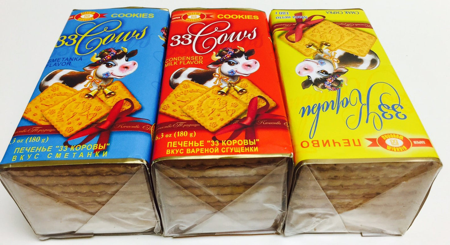 Russian Cookies 33 Cows 6.3 Oz Variety 3 Packs with 3 Flavors - Condensed Milk Flavor, Smetanka Flavor, and Curd Flavor
