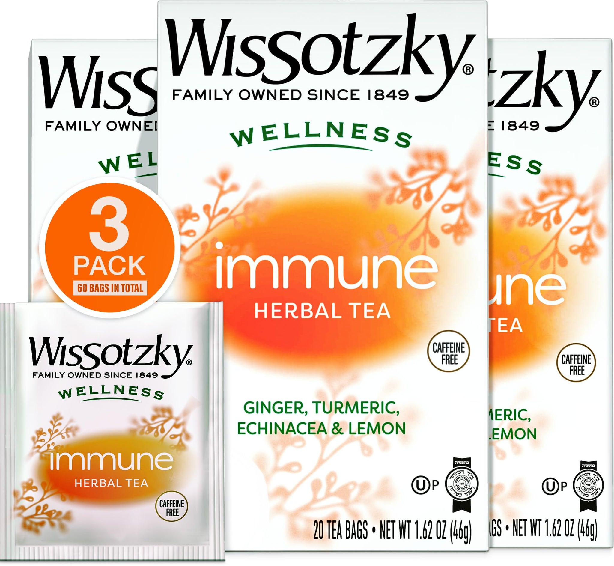 Wissotzky Wellness Immune Herbal Tea, (3 Pack - 60 Tea Bags) | Caffeine Free | With Ginger, Turmeric, Echinacea & Lemon | Herbal Tea for Immune