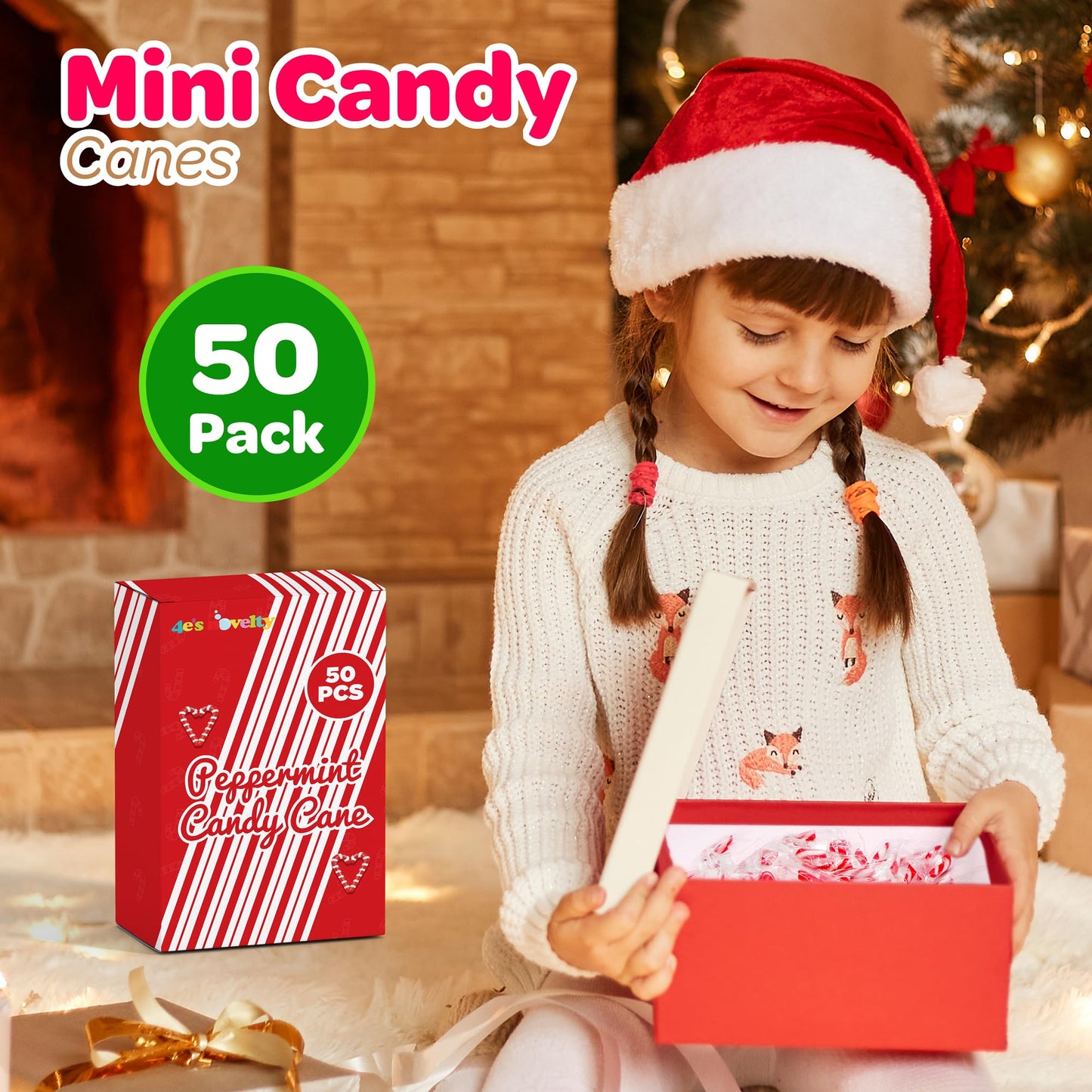 4E's Novelty 50 Pack Mini Candy Canes Bulk - Individually Wrapped, 2-Inch Mini Candy Canes, Classic Peppermint Flavor, for Christmas Treats