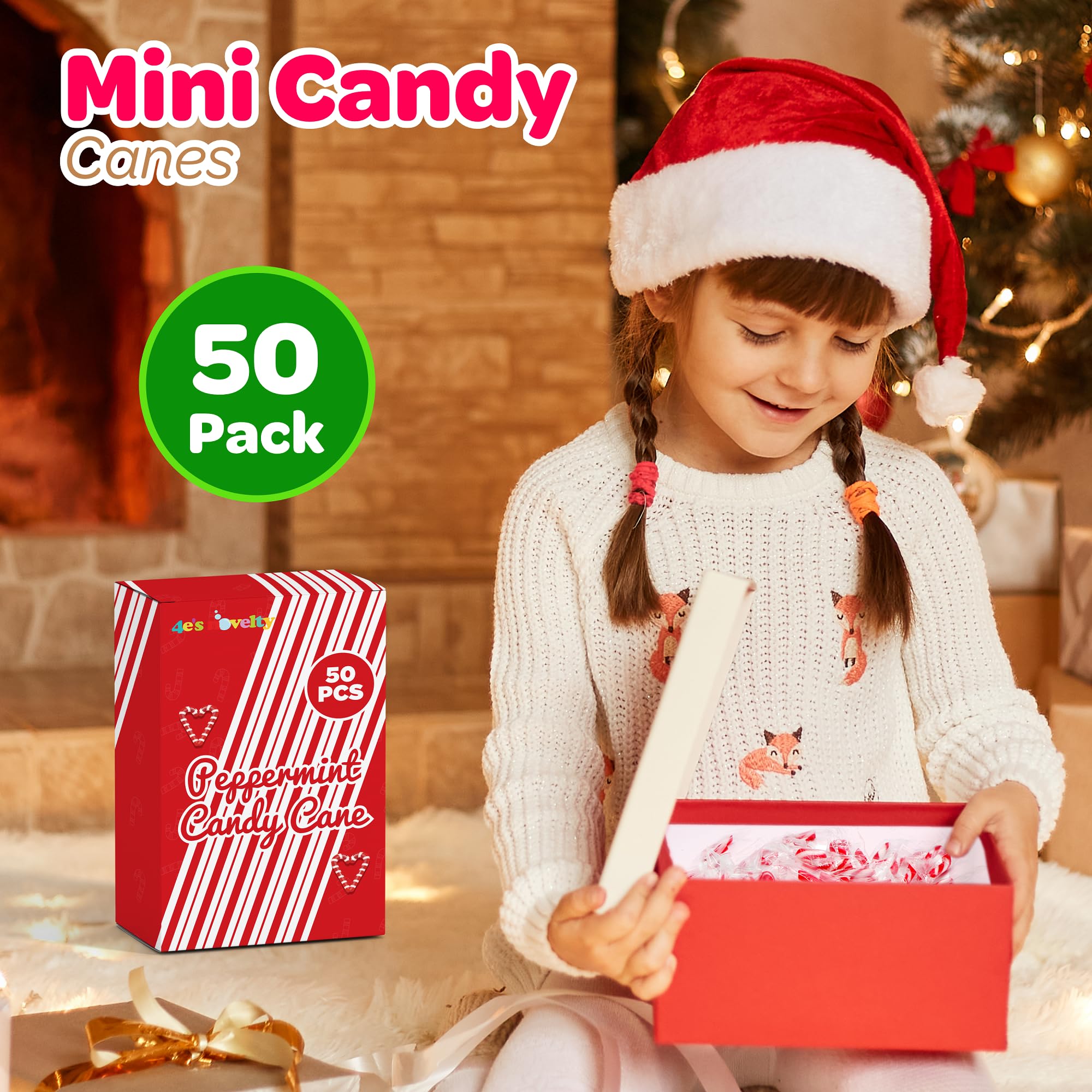 4E's Novelty 50 Pack Mini Candy Canes Bulk - Individually Wrapped, 2-Inch Mini Candy Canes, Classic Peppermint Flavor, for Christmas Treats