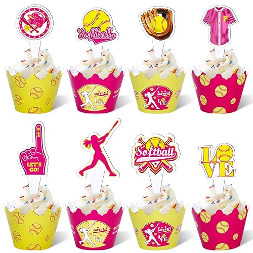 48Pcs Softball Cupcake Toppers and Wrappers - Party Supplies and Decorations for Girls, Kids, Teens - Sport Theme Birthday Cupcake Picks for Holiday