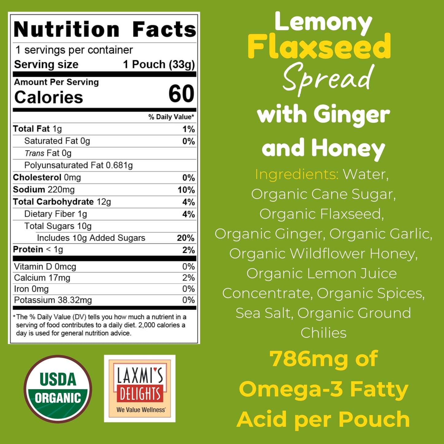 Laxmi’s Delights Lemony Flaxseed Dressing with Ginger and Honey - Spicy | Healthy Salad Dressing Packets, Organic, Vegetarian, Gluten Free, Dairy
