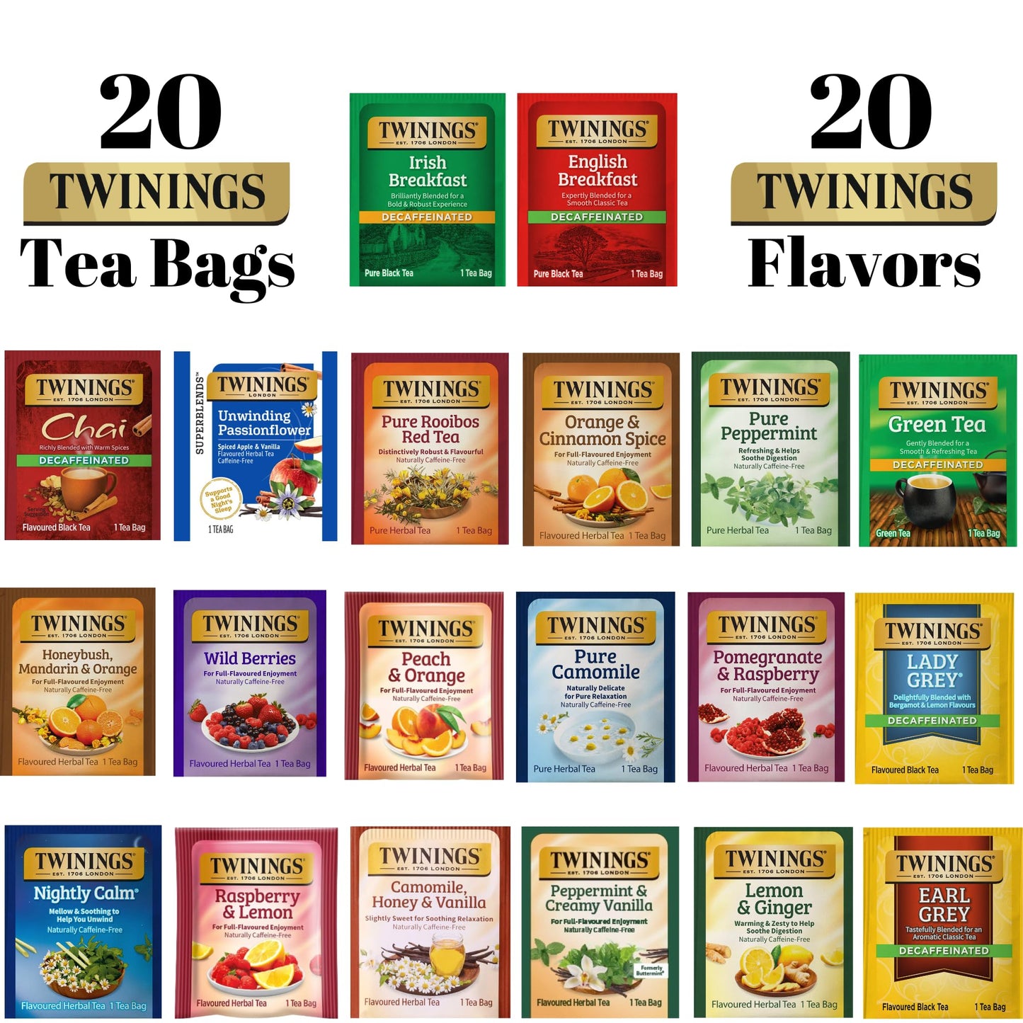 Twinings Herbal & Decaf Tea Variety Pack - Decaf Tea Sampler - Individually Wrapped Herbal Tea Bags, Green Decaf, Lady Grey Decaf, Earl Grey Decaf