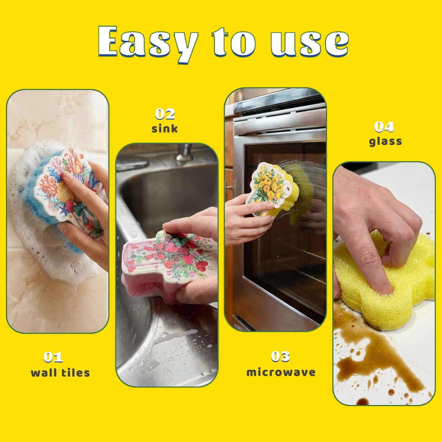 Bulimumu 3-Layer Floral Vase Dish Sponge (6 Pack) - Swedish Dishcloth Top + Soft Sponge Middle + Smart Temperature-Sensing Scrubber - Dual-Action