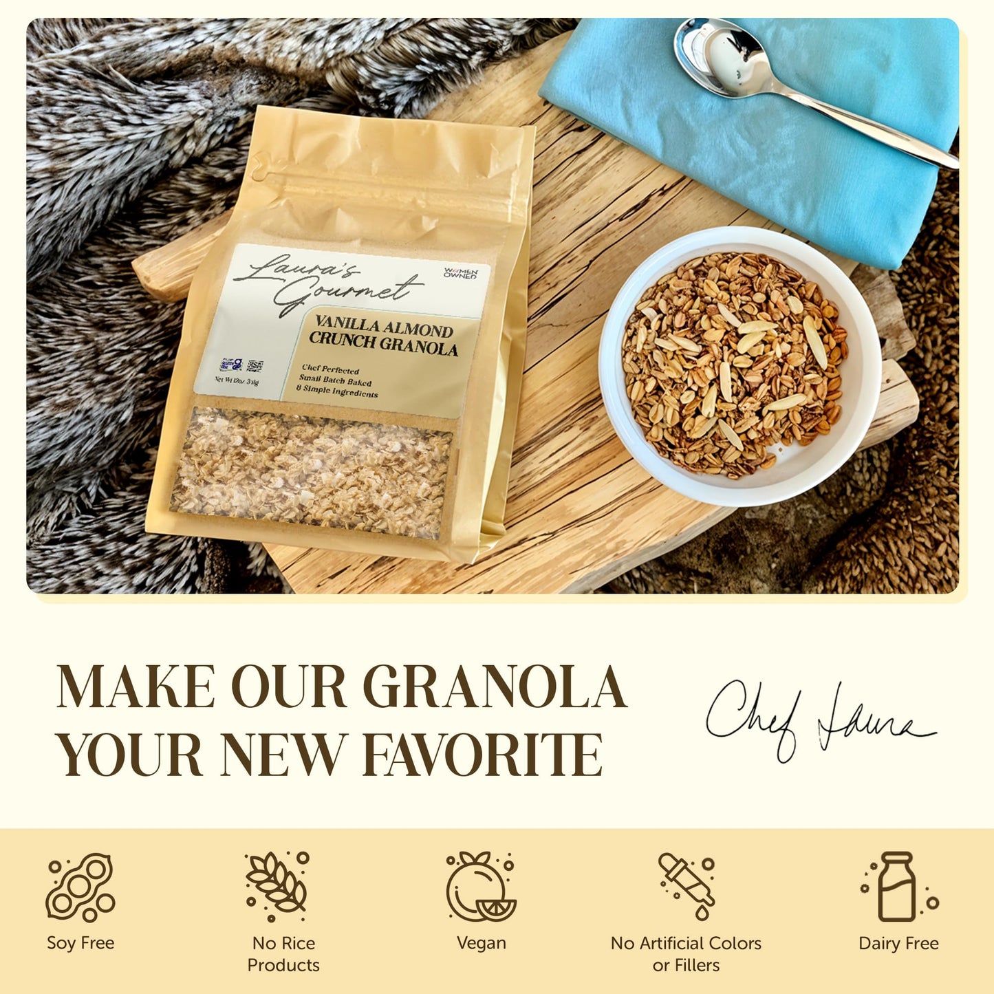 Laura's Gourmet Granola - Vanilla Almond Crunch - Gluten, Soy & Dairy Free - Organic Premium Honey, Almonds & Pure Ground Vanilla, Chef's Trifecta