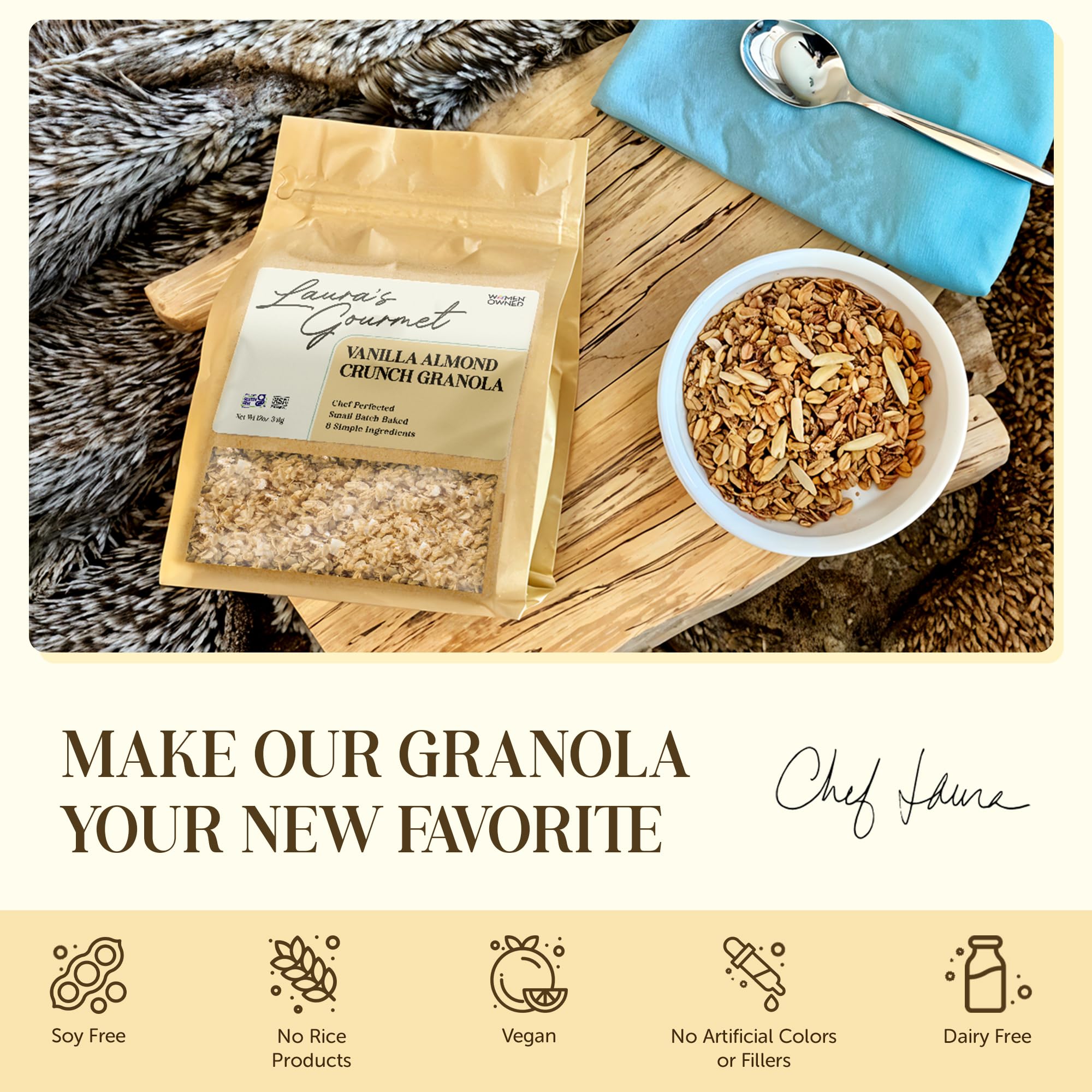 Laura's Gourmet Granola - Vanilla Almond Crunch - Gluten, Soy & Dairy Free - Organic Premium Honey, Almonds & Pure Ground Vanilla, Chef's Trifecta