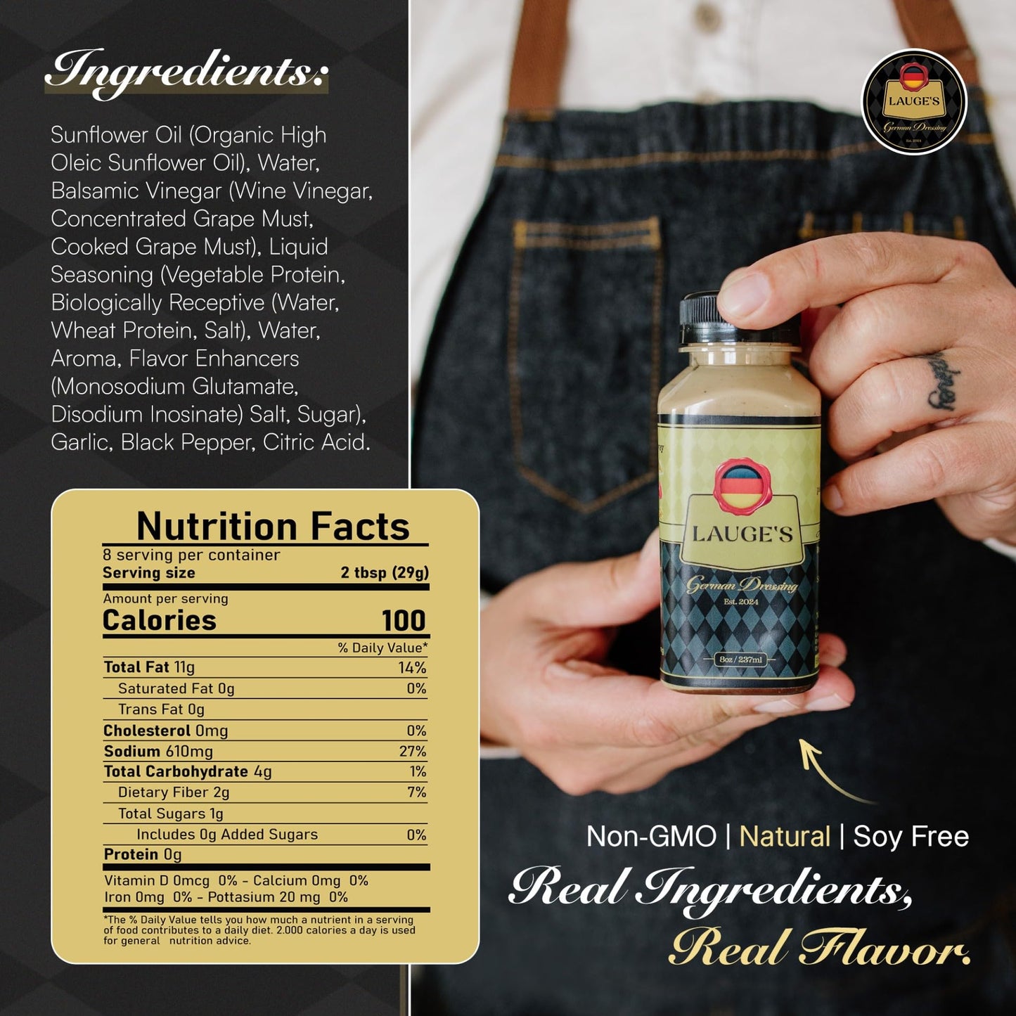 Lauge’s German Dressing - Creamy German Recipe with Organic High Oleic Sunflower Oil, Italian Vinegar & Fresh Garlic | Bold European Flavors | Dip
