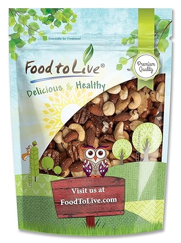 Food to Live Deluxe Nuts Mix, 1 Pound A Blend of Dry Roasted Pecans, Cashews, Filberts, Almonds, Brazil Nuts with Himalayan Salt. Oven Roasted