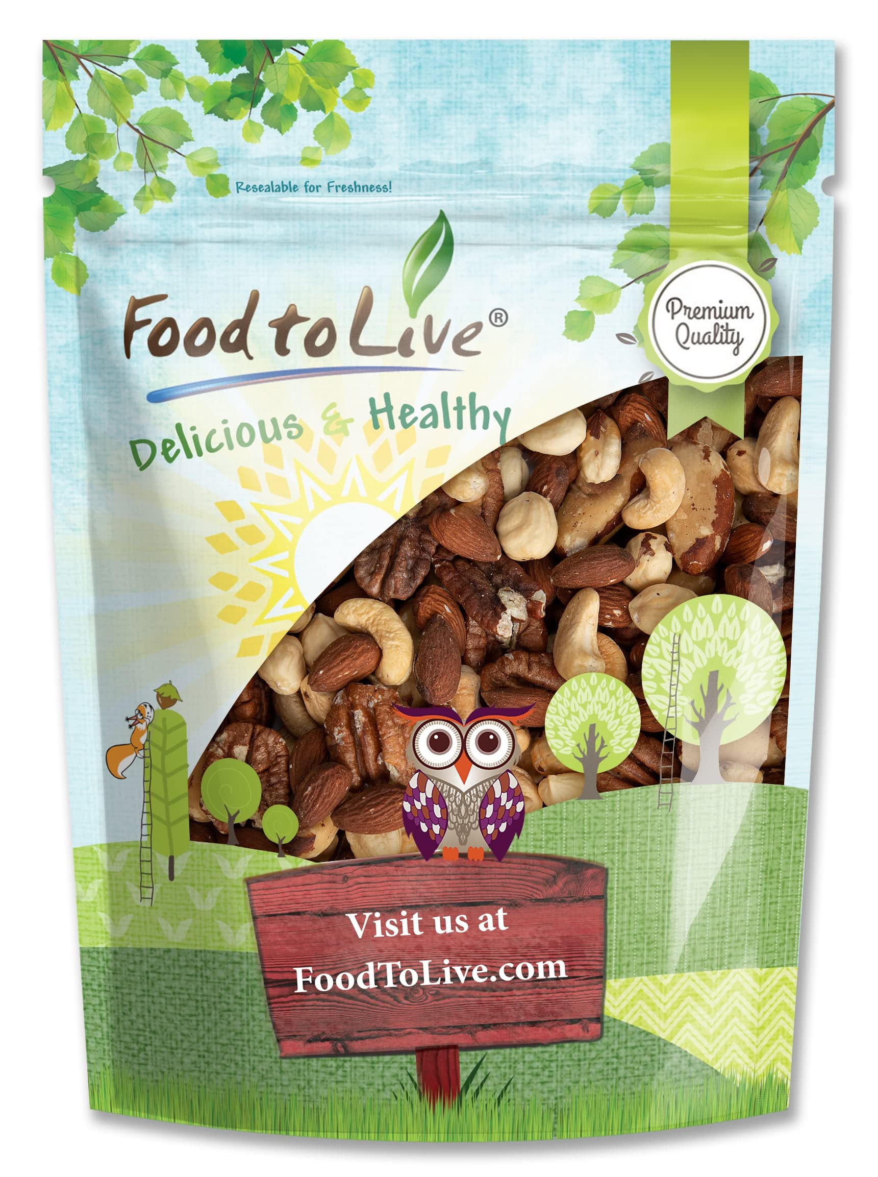 Food to Live Deluxe Nuts Mix, 1 Pound A Blend of Dry Roasted Pecans, Cashews, Filberts, Almonds, Brazil Nuts with Himalayan Salt. Oven Roasted