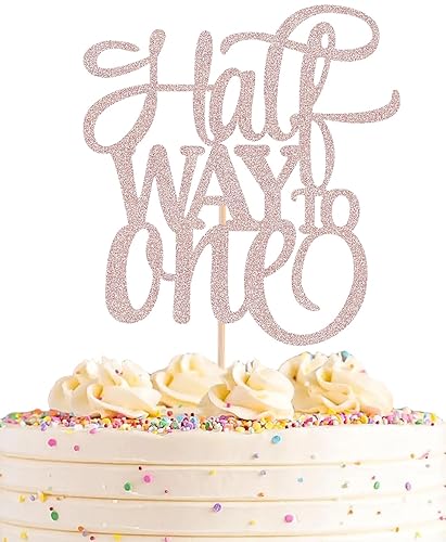 AHAORAY Half Way To One Cake Topper - Rose Gold Glitter 6 Months Birthday Decorations Supplies - Half Birthday Decorations Baby Girl, for Baby