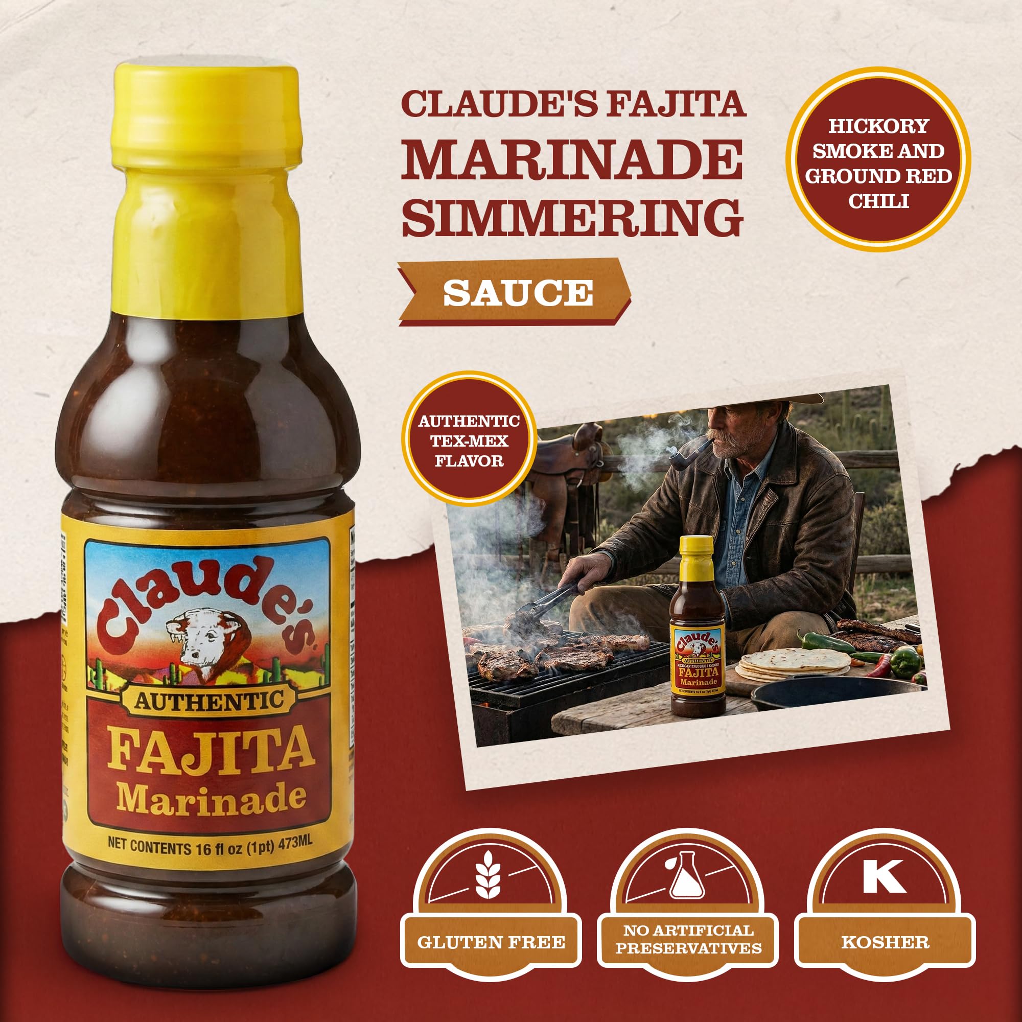 Claude's Authentic Fajita Marinade 16-oz (Pack of 6) Real Hickory Smoke, Red Chili Fajitas Sauce for Steak, Chicken, Pork or Shrimp Gluten-Free