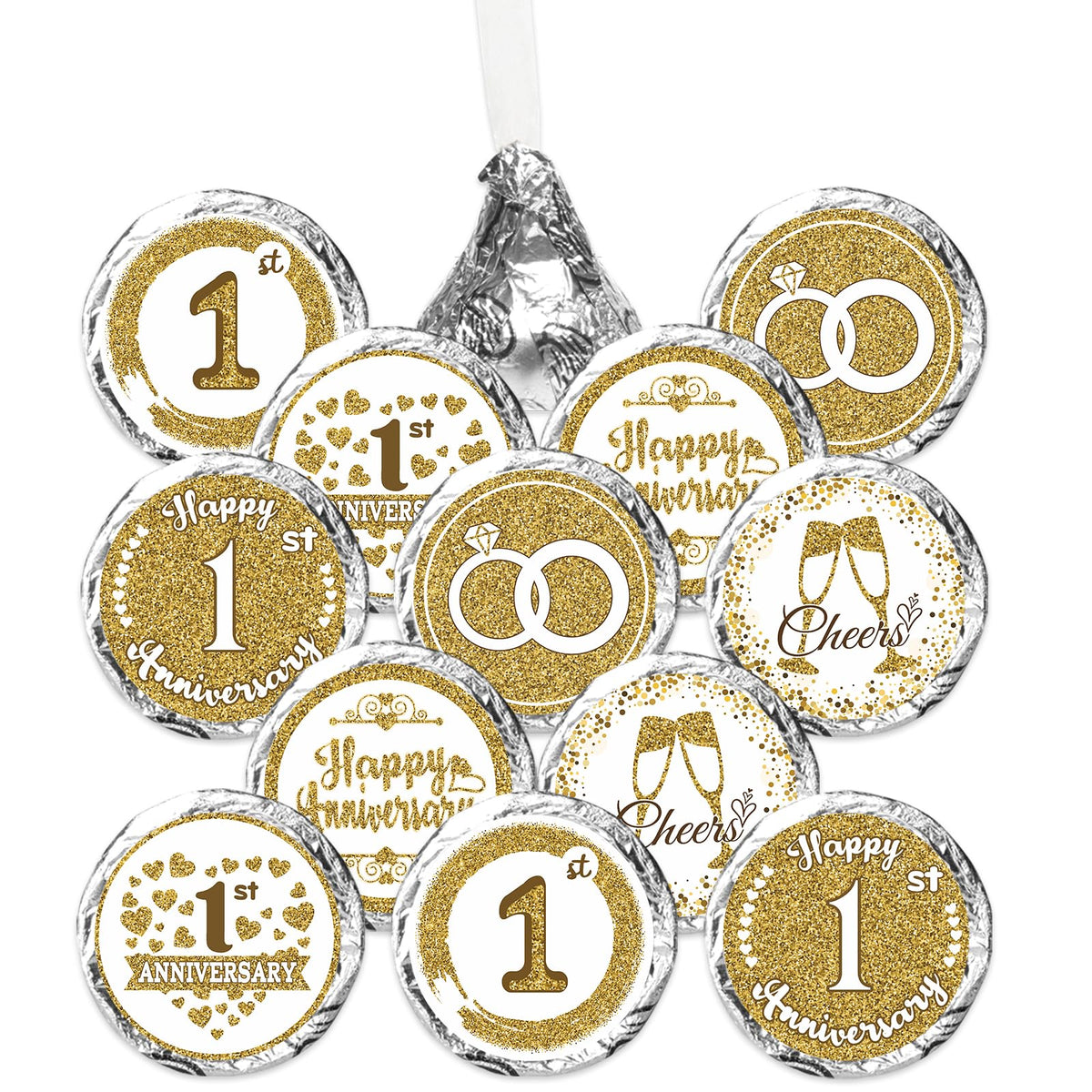 Gold 1st Anniversary Chocolate Kiss Stickers,180 Count, 0.75" Chocolate Drop Labels for Kisses, 1st Wedding Anniversary Party Favors Labels