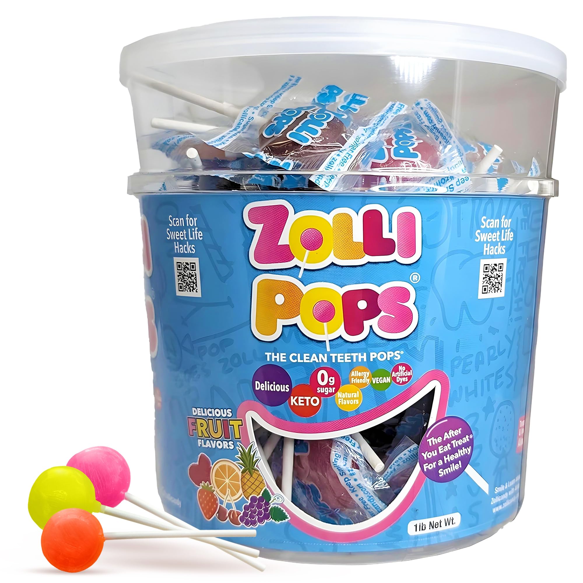 Zollipops Clean Teeth Pops Sugar Free Candy with Xylitol, Dye-Free Lollipops - Keto & Diabetic-Friendly, Dentist-Approved Treats for Kids (Natural