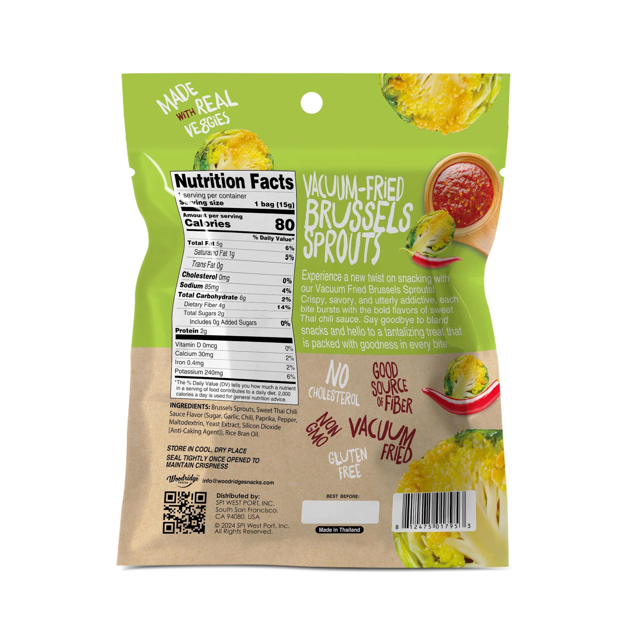 Woodridge Snacks | Vacuum Fried Brussels Sprouts | Thai Chili Sauce Flavor | 6 Pack | 0.35 OZ (10g) Single-Serve Bags